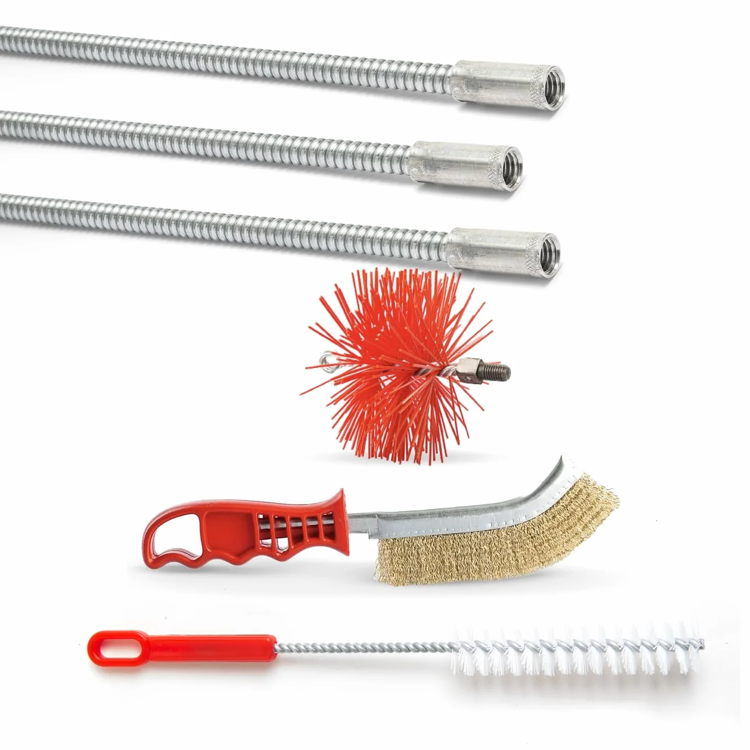 BARETTO Kit Pulizia Camino Canna Fumaria FLEX Ø 130 mm Prolunghe Molla 3 m Curvatura 90° Scovolo Nylon Attacco M12