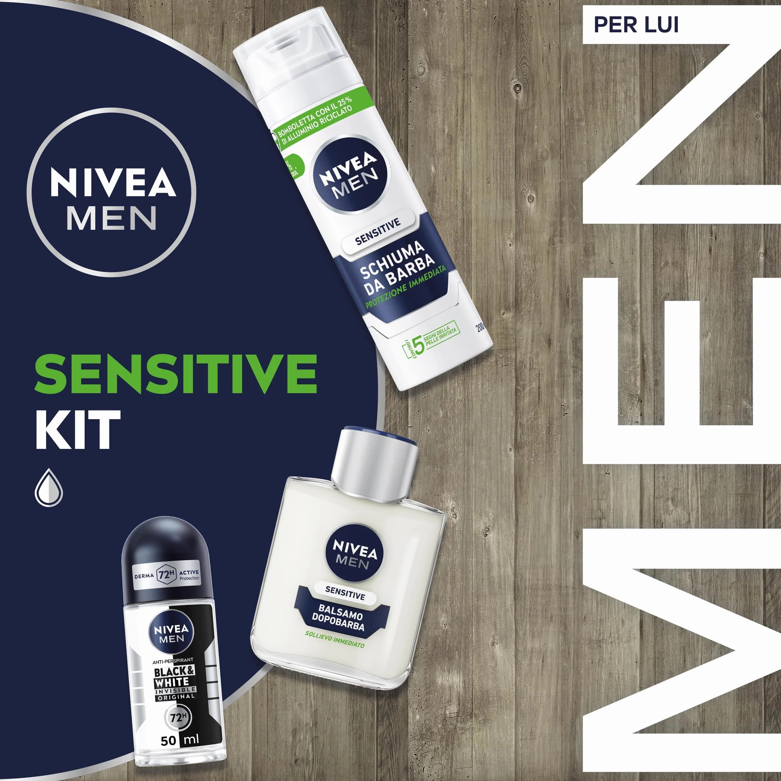 NIVEA MEN Sensitive Kit Cofanetto Regalo Uomo, Set regalo con Schiuma da Barba 200 ml, Balsamo Dopobarba 100 ml, Deodorante uomo Black & White 50 ml e Travel Bag omaggio inclusa