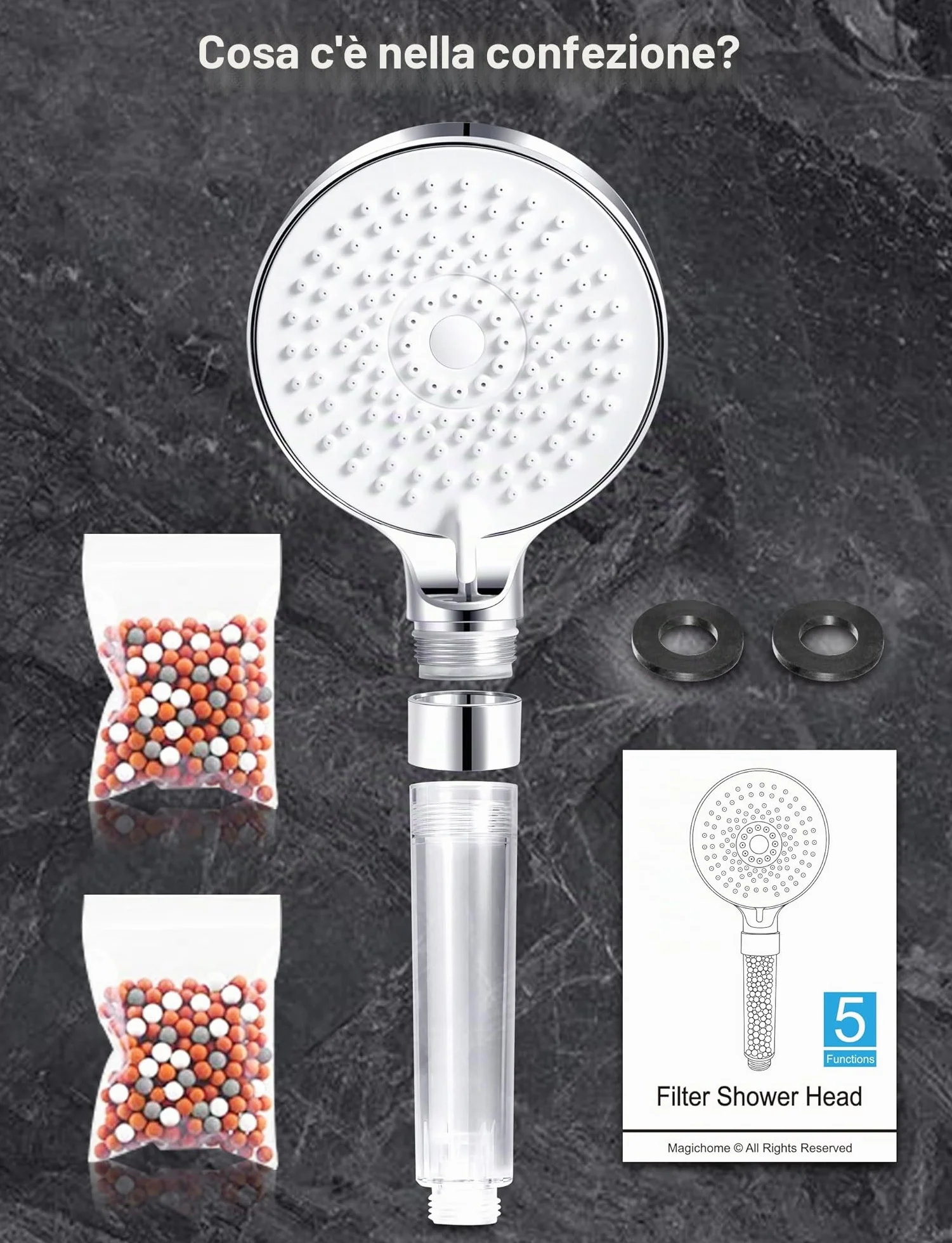 Magichome Soffione Doccia Anticalcare 5 Getti Spray Alta Pressione Filtrazione a 3 Strati Bianco