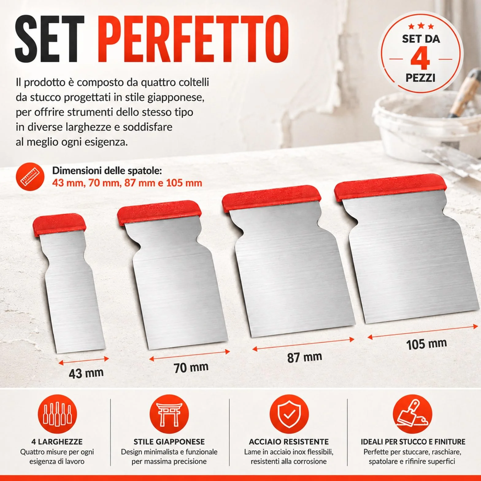 Set 4 Spatole Giapponesi in Acciaio 47/70/87/105 mm per Verniciatura Stuccatura Rasatura