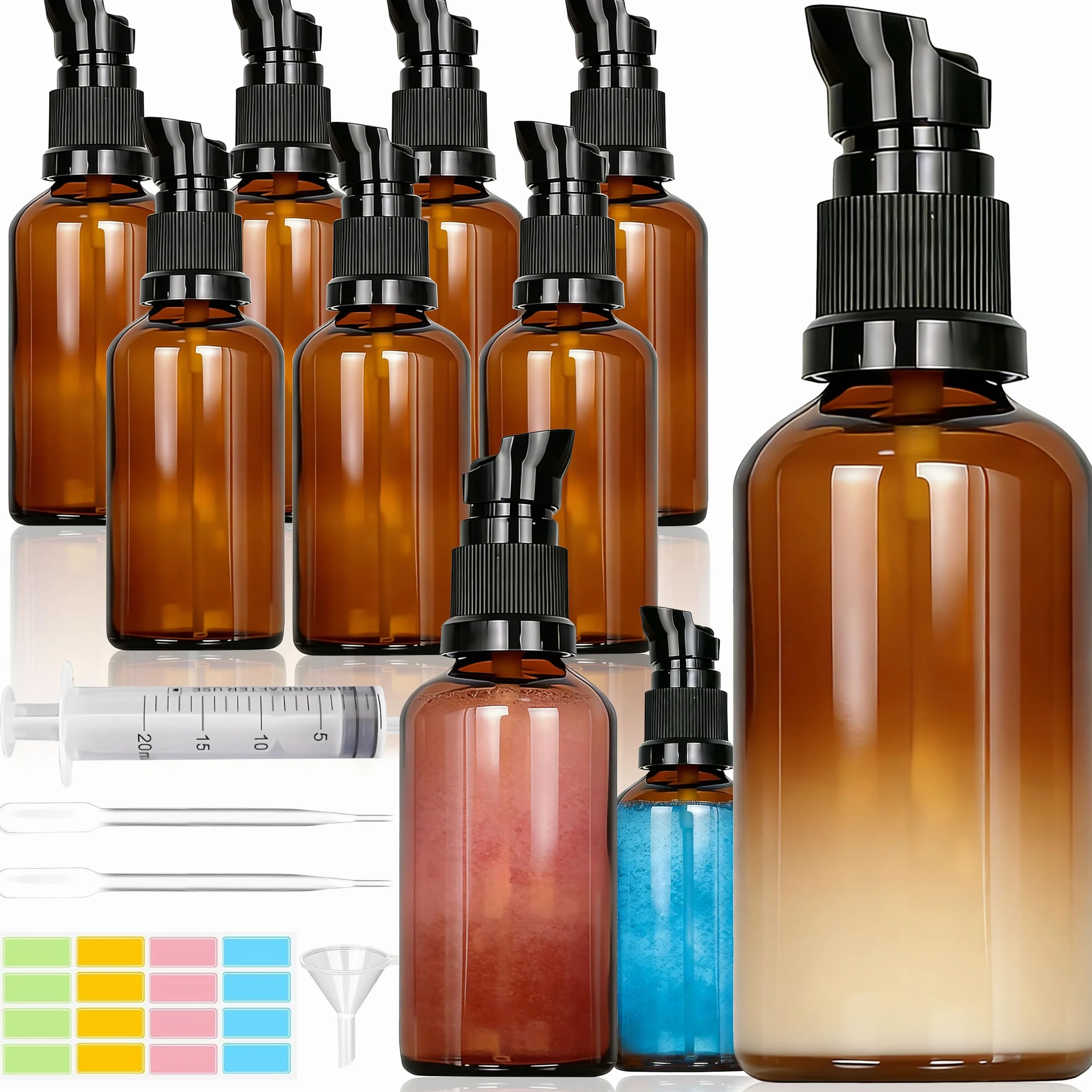 10 pezzi 50 ml Flaconi Vuoti per Oli Essenziali, Flaconi Vuoti in Vetro Ambrata con Pompa, Vetro Marrone Bottiglie da Viaggio, Protezione UV, Ambra, per Cosmetici, Lozioni, Oli Essenziali