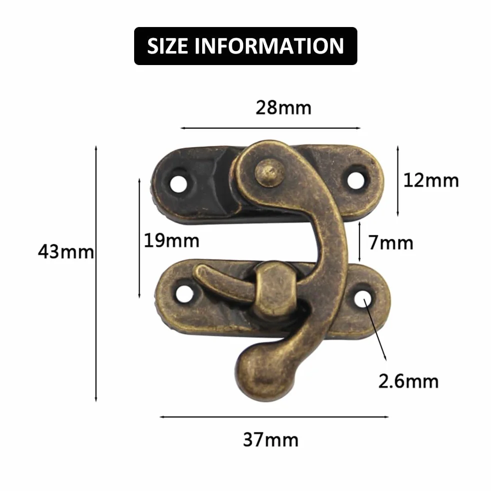 Antico Hasp Bronzo 2 Pezzi Gancio a Scatto Destro 43 x 37 mm per Cassette Legno