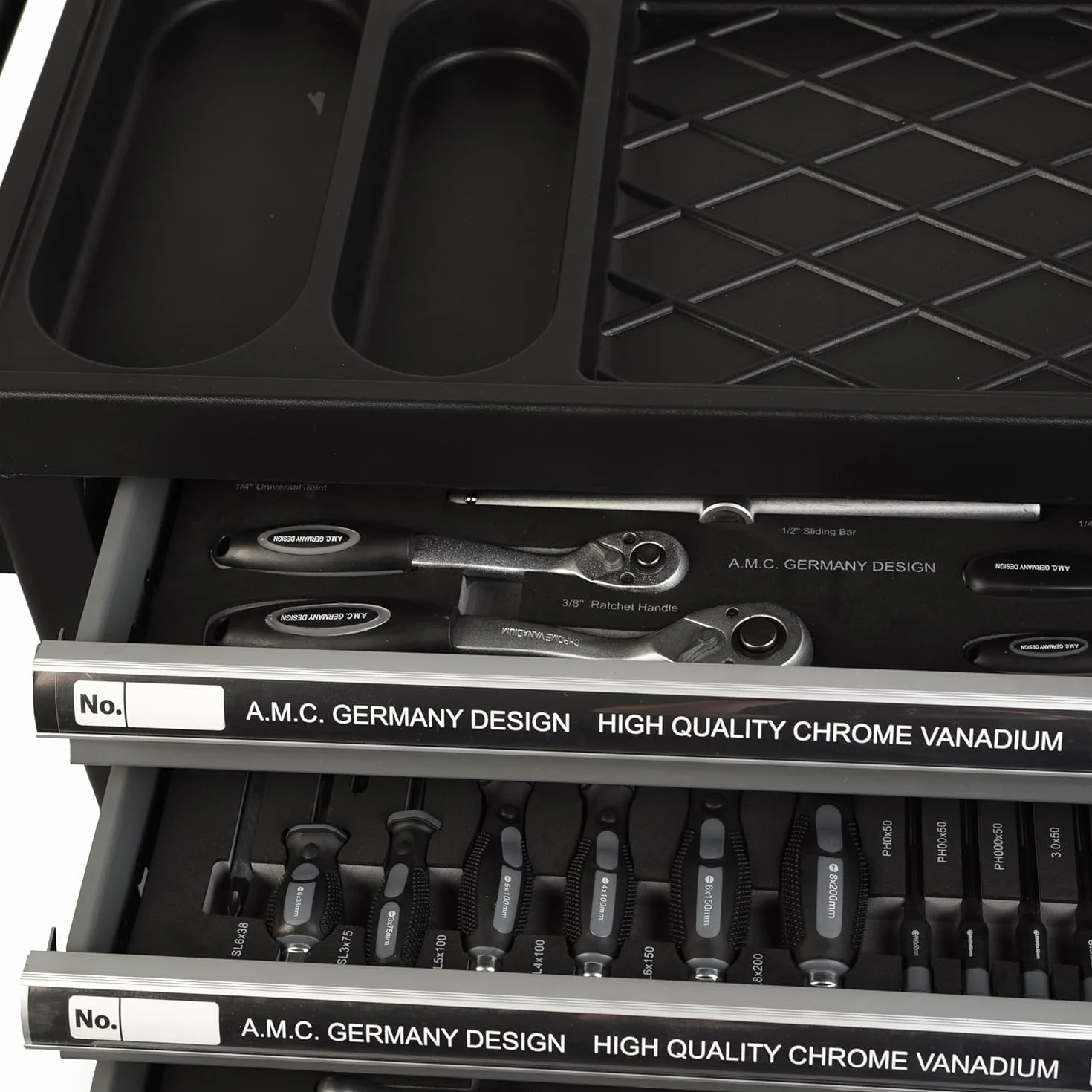 GrecoShop Carrello Attrezzi Portautensili Officina 428 Utensili 6 Cassetti Chiusura a Chiave Organizer Ruote Struttura Rinforzata Carbon Look