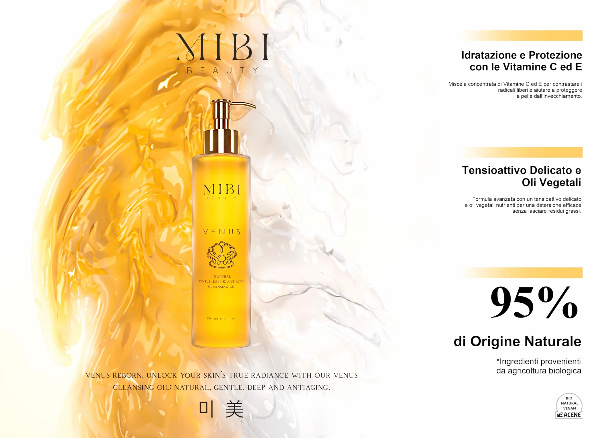 Venus - Olio detergente viso con vitamine C ed E e 7 oli botanici, 95% origine naturale, struccante efficace senza secca, non ostruisce pori, tutti i tipi di pelle, anti-età, 150 ml