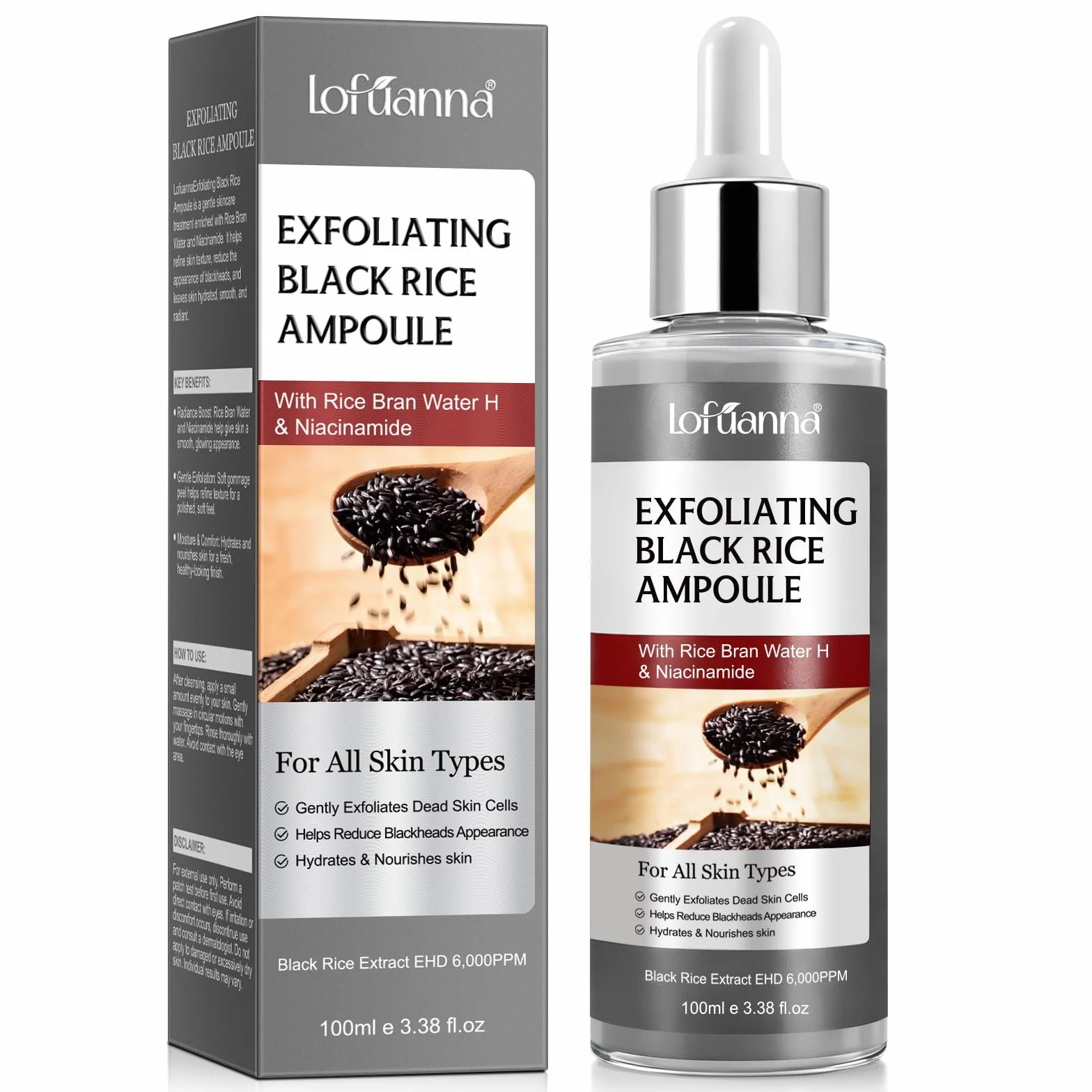 Black Rice Peeling Serum 100ml, Esfoliante Viso Delicato, Siero Esfoliante Riso Nero, Rimuove Cellule Morte e Punti Neri, Minimizza Pori, Niacinamide & Estratto di Riso Nero, Pelle Luminosa e Liscia