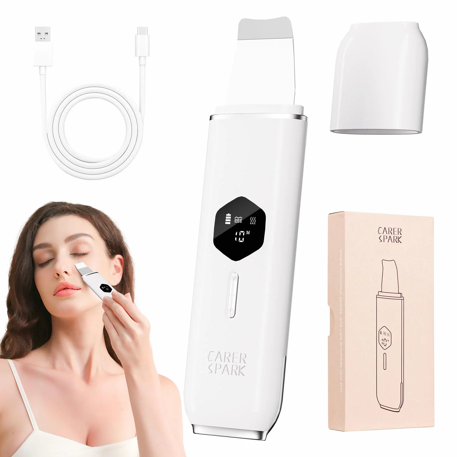 CARER SPARK Pulizia Viso Ultrasuoni,Peeling Ultrasonico Facial Skin Scrubber 4 Modalità Regolabili USB Ricaricabile Schermo LED Pulizia Profonda Rimozione Comedoni Esfoliazione Delicata