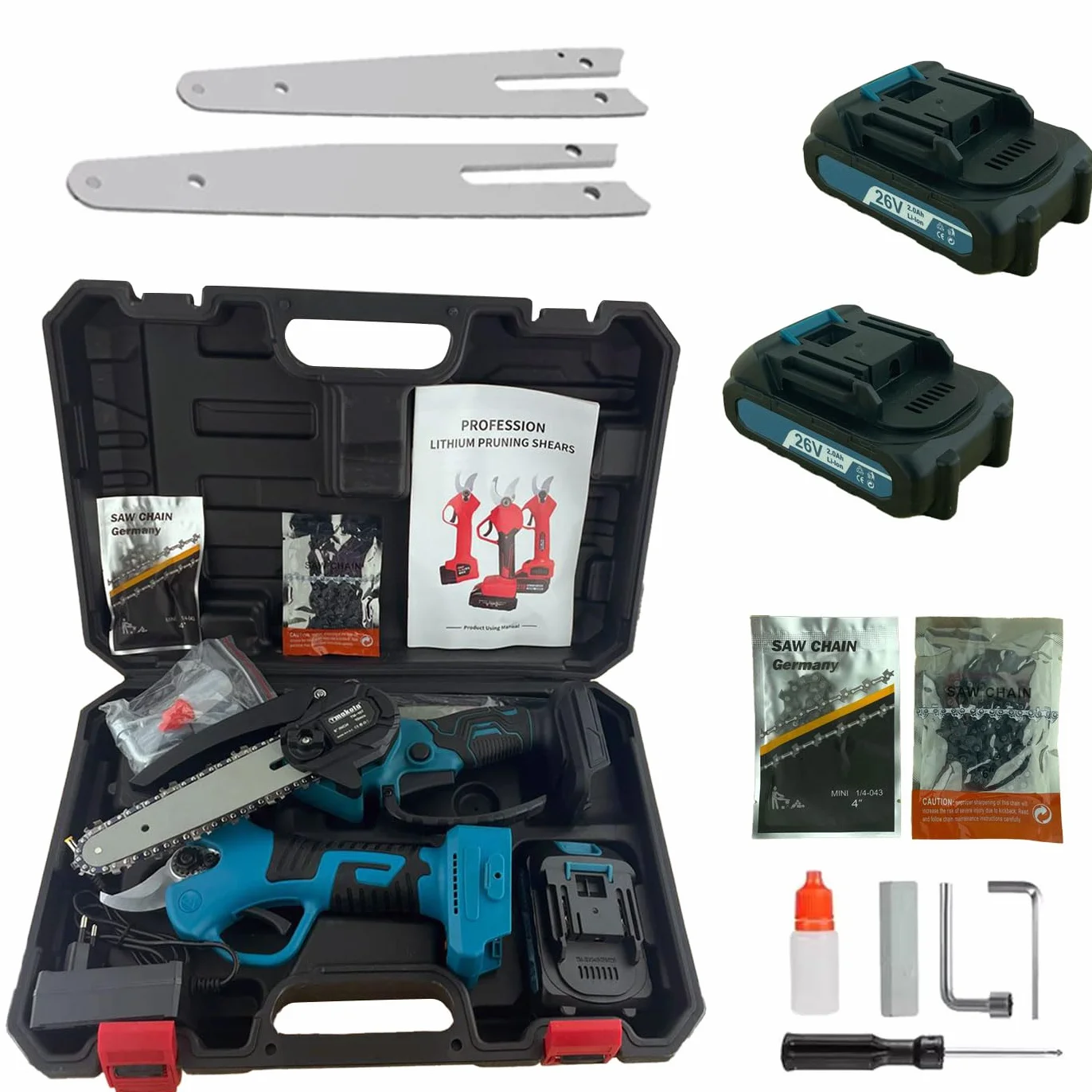 Set di Potatura a Batteria 26V 2.0AH Forbici e Motosega 4 e 6 Pollici con 2 Batterie e Valigetta