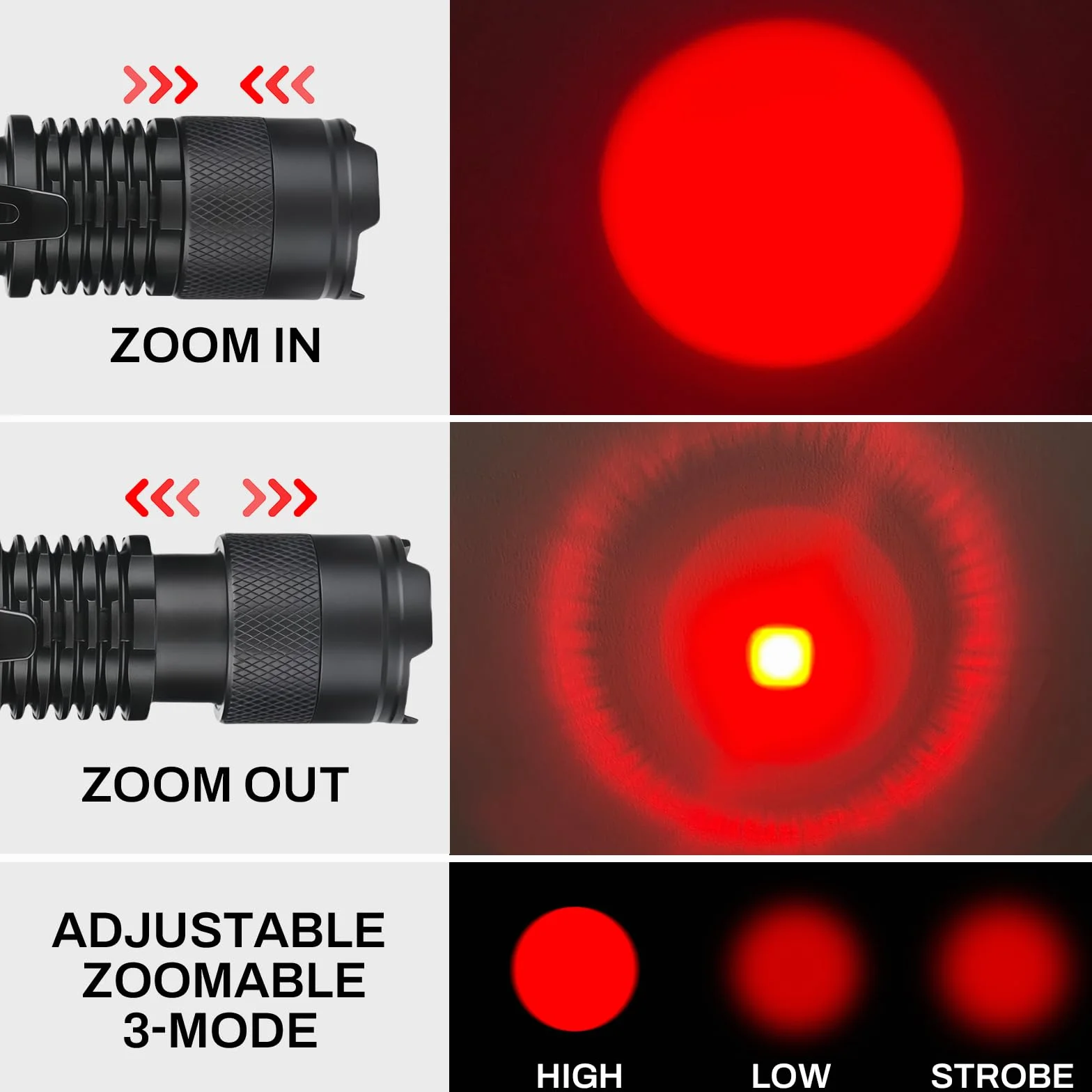 Torcia a LED Rossa Impermeabile Zoomabile 3 Modalità per Caccia Notturna