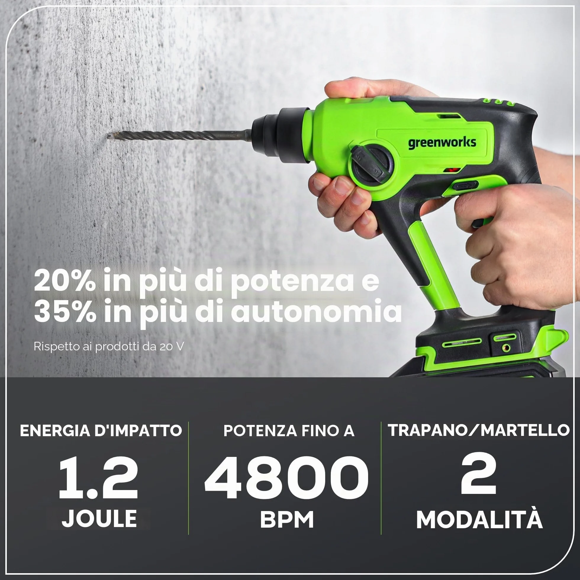 Greenworks Martello perforatore a batteria 24 V 1,2 J 300 Nm 2 Ah