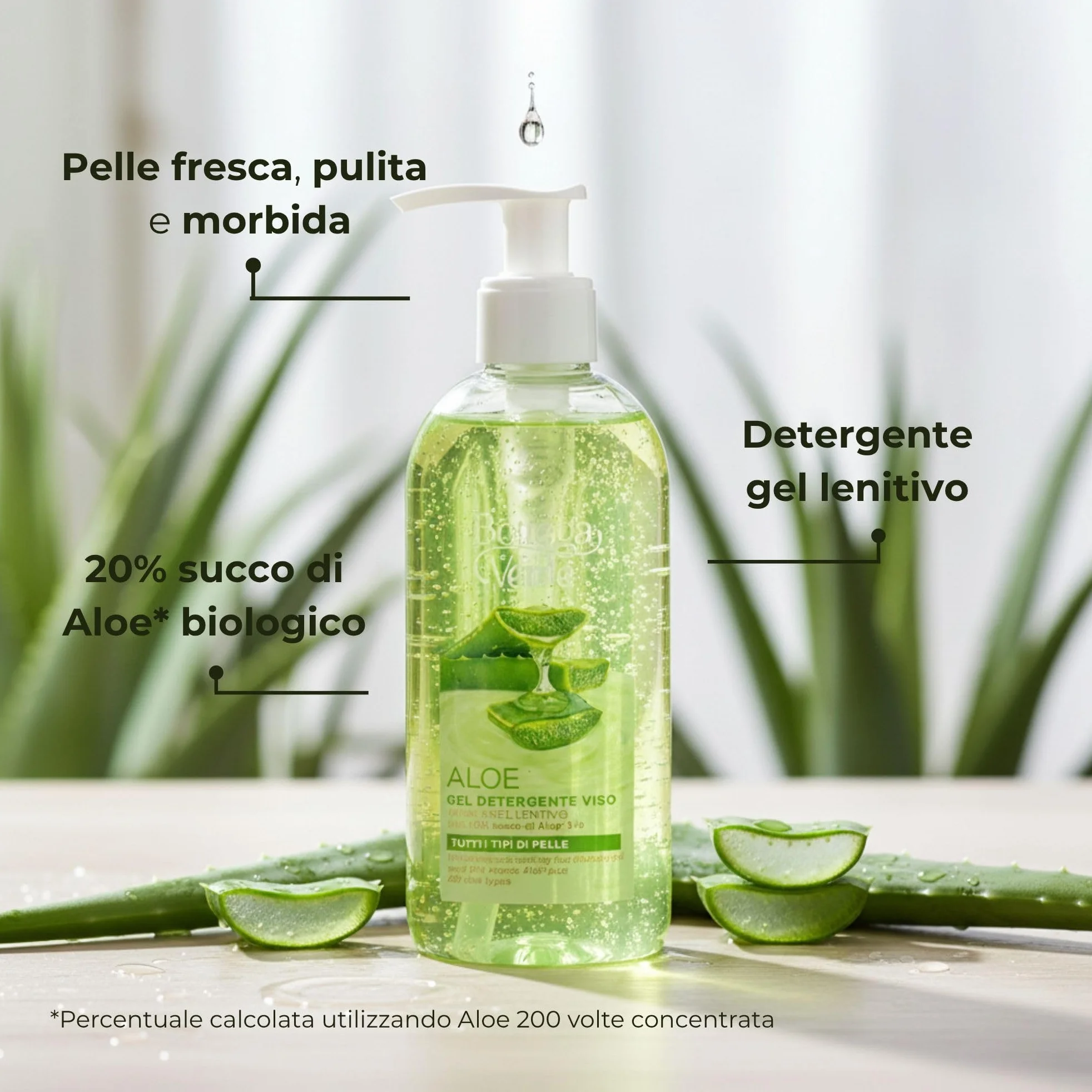 Bottega Verde - Aloe, Gel Detergente Viso, 200 ml, Idratante e Lenitivo con 20% di Succo di Aloe Bio, Detersione Delicata per Tutti i Tipi di Pelle, Formula Fresca e Naturale