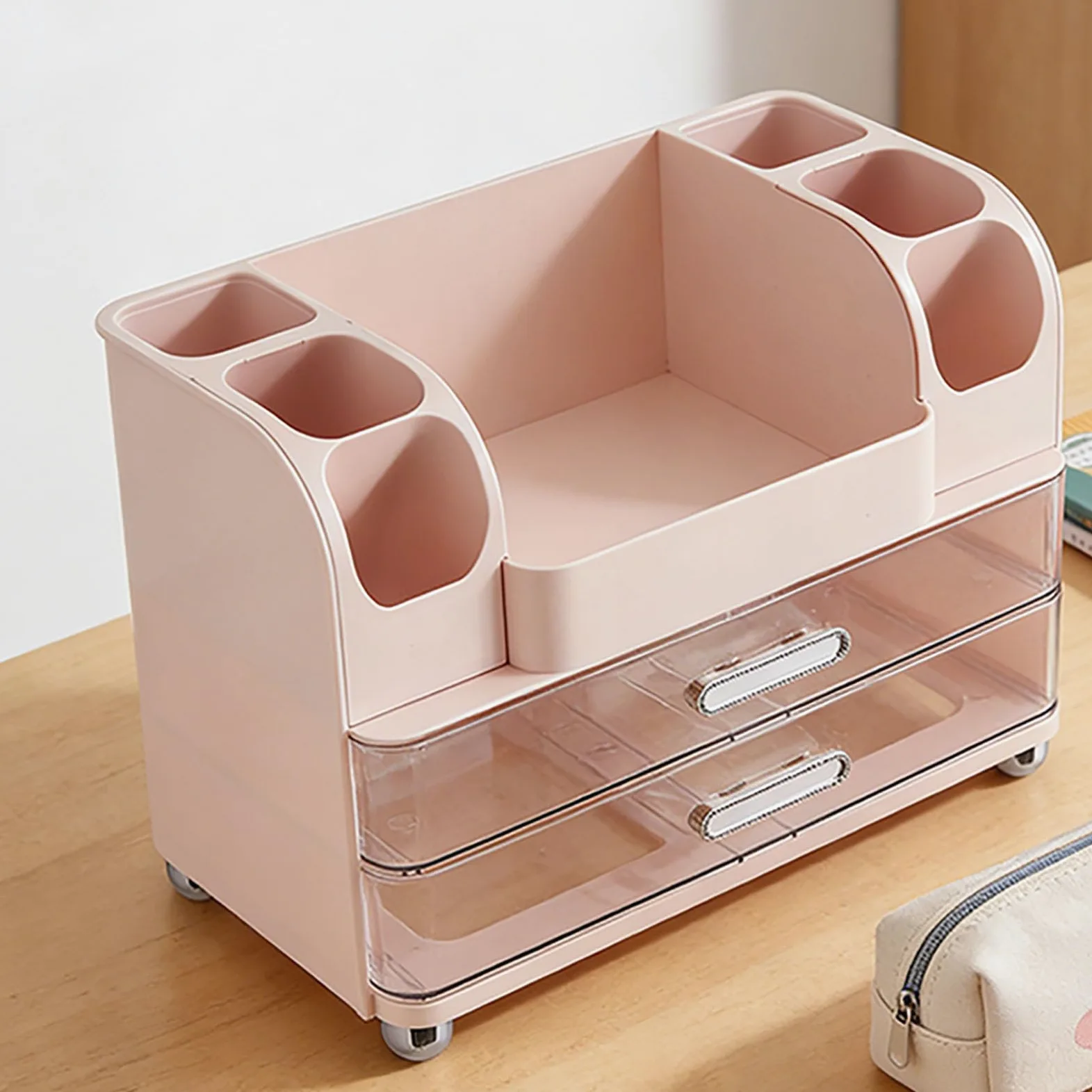 banapoy Organizer per Trucco, Vetrina Cosmetica Impermeabile di Grande capacità, Organizer da Appoggio con Cassetti e Scomparti per Pennelli per Trucco Rossetto Cura della Pelle (Roseo)