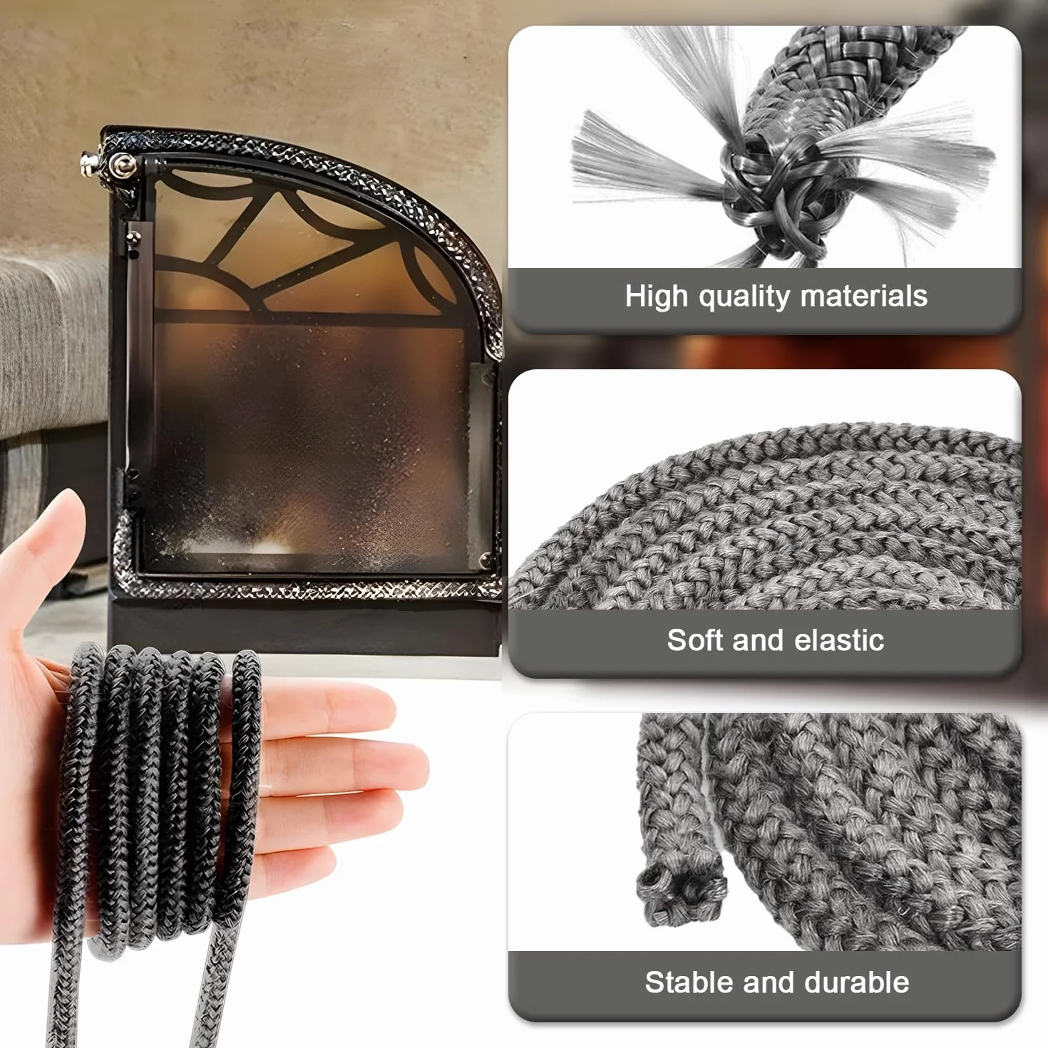Guarnizione Porta Stufa 8mm 4m Fibra di Vetro Corda Ignifuga per Camino Pellet Termocamino