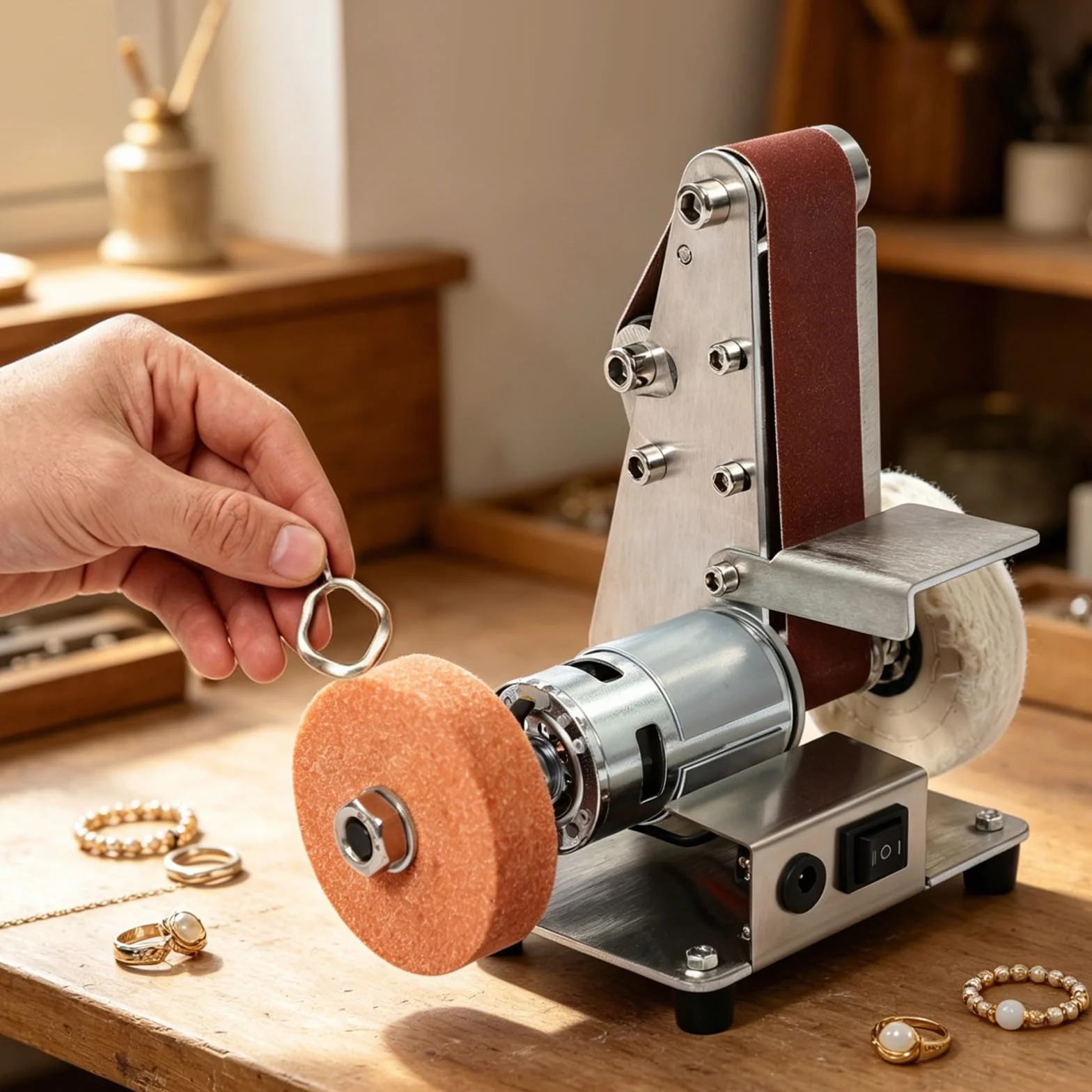Mini levigatrice a nastro elettrica 775, 4000-9000 giri/min, regolabile, con 20 nastri abrasivi e disco lucidante per metallo e legno