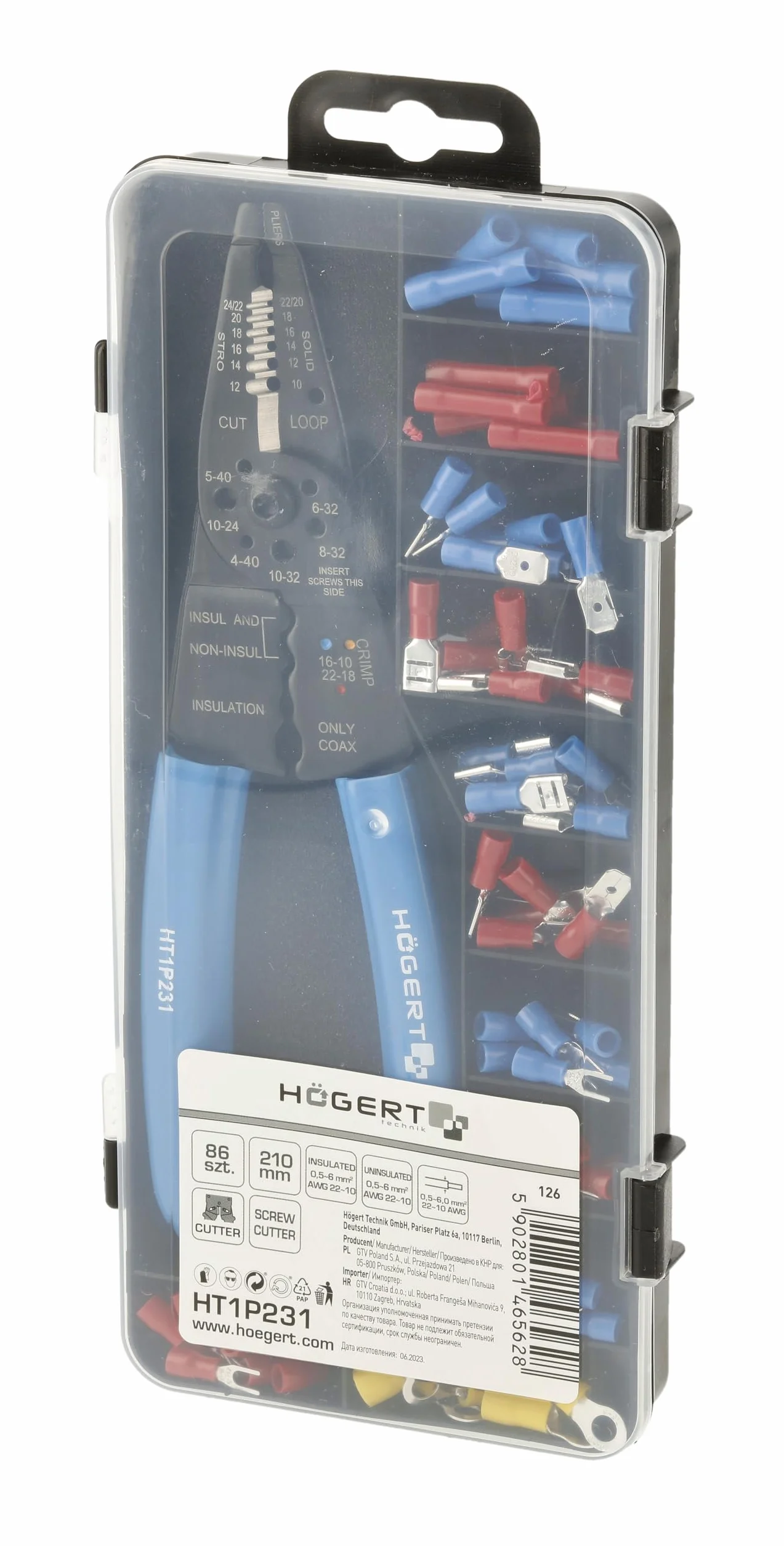 Högert Technik Pinza crimpatrice 0,5-6 mm2 per capicorda con spelafili 86 pezzi acciaio al carbonio