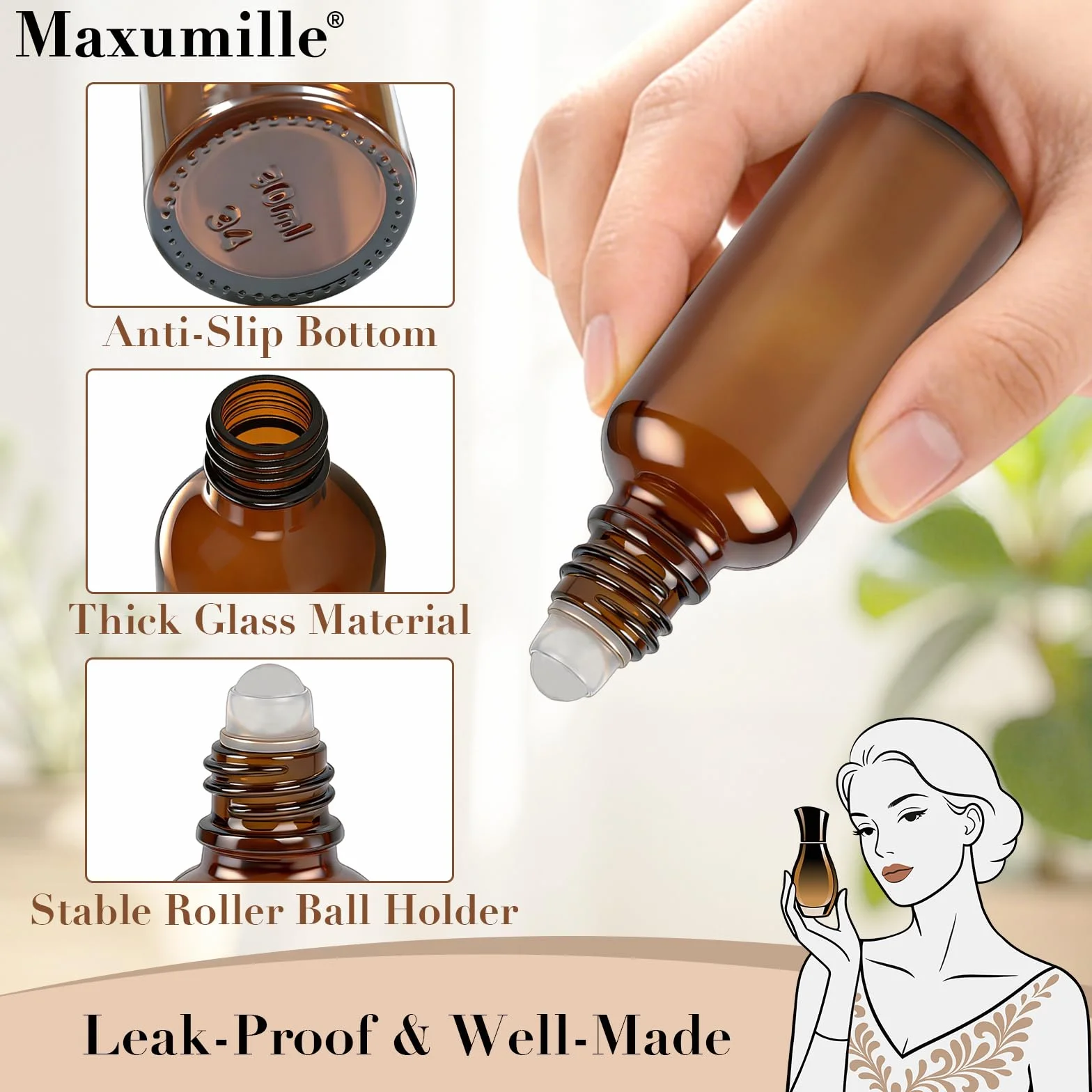 6 bottiglie di vetro rollon da 30 ml per olio essenziale, rollon bottiglia vuota, con sfera in vetro, ricaricabili in Rollon marrone con 6 accessori per profumo, massaggio, aromaterapia