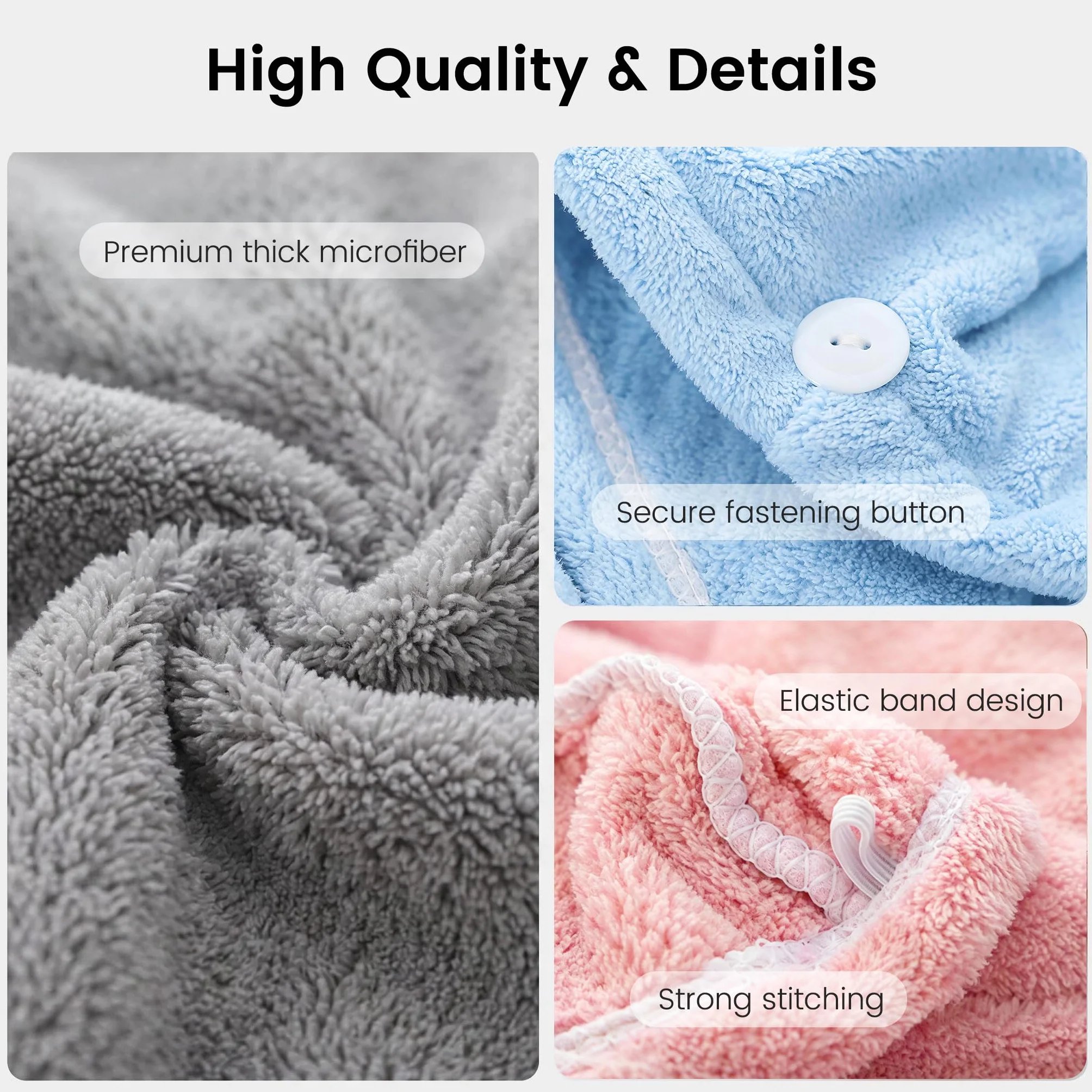Shakeel Asciugamani Turbante in Microfibra, Super Assorbenti e a Asciugatura Rapida, con Design a Bottoni, Perfetti per Capelli Bagnati, Doccia e Spa - 1 Pcs, Grigio
