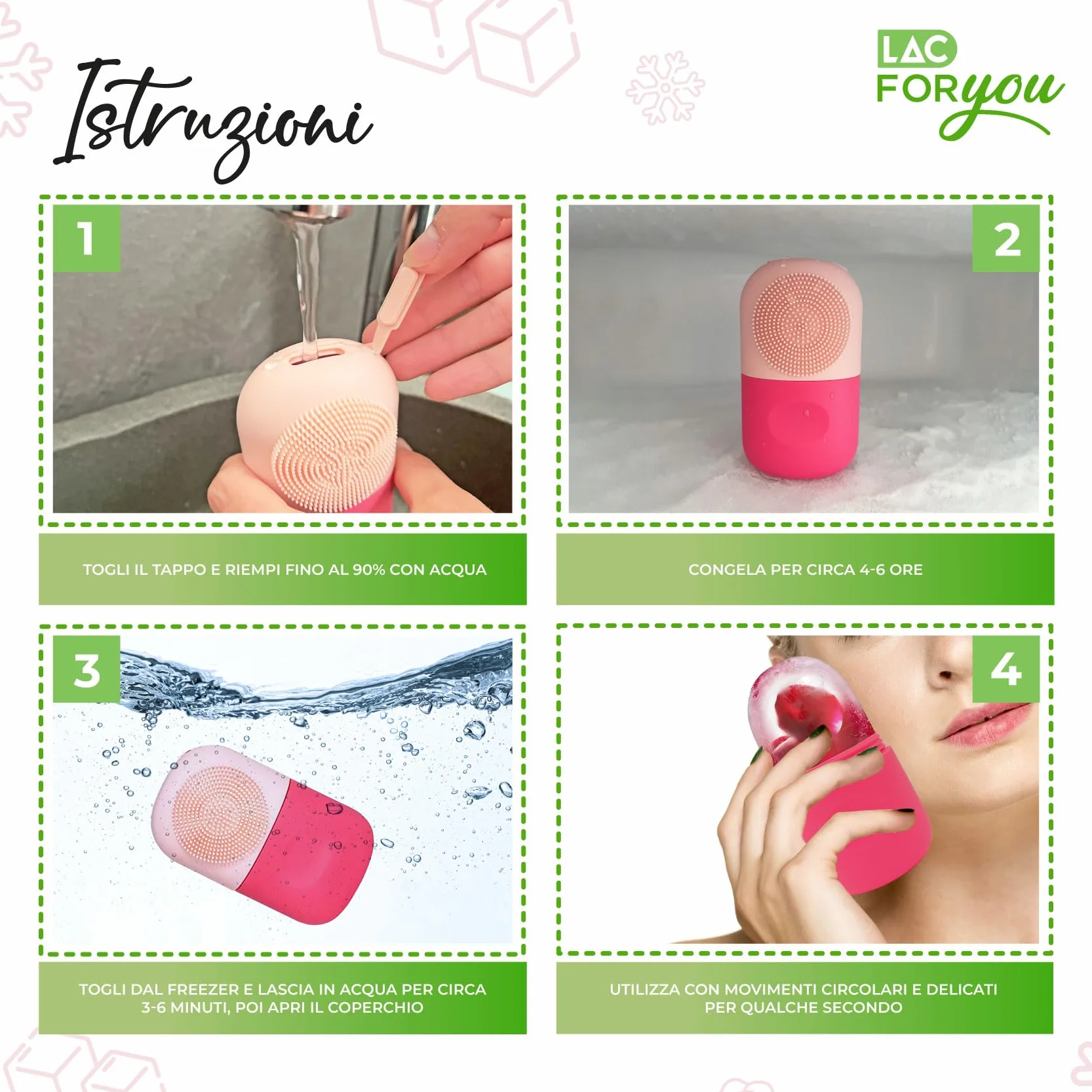 LAC FOR YOU Ice Roller Viso - Rullo Ghiaccio + Spazzola Pulizia Viso - Skincare Accessori per Ridurre il Gonfiore e Restringere i Pori
