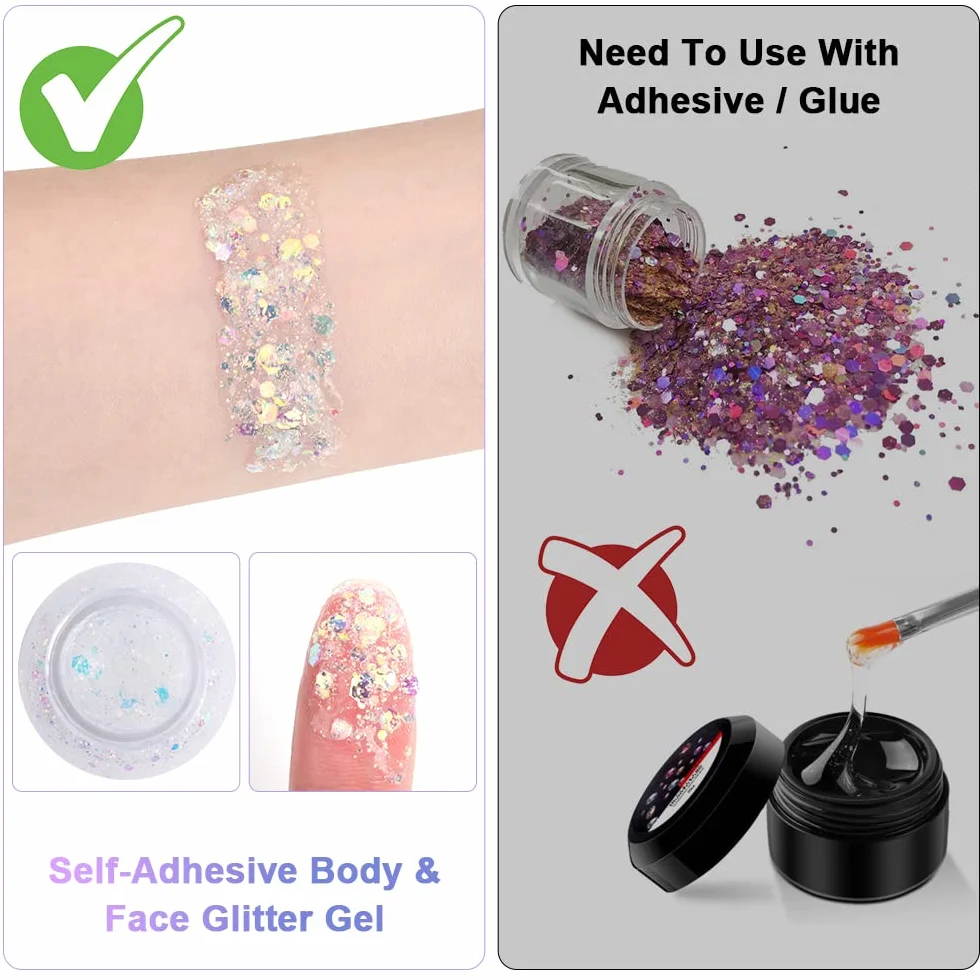 URAQT Glitter Corpo, 1 pezzi da 50 ml Gel per Viso, Unghie, Occhi, Labbra, Capelli e Corpo - Chunky Glitter per Musica, Festival, in Maschera(Bianco)