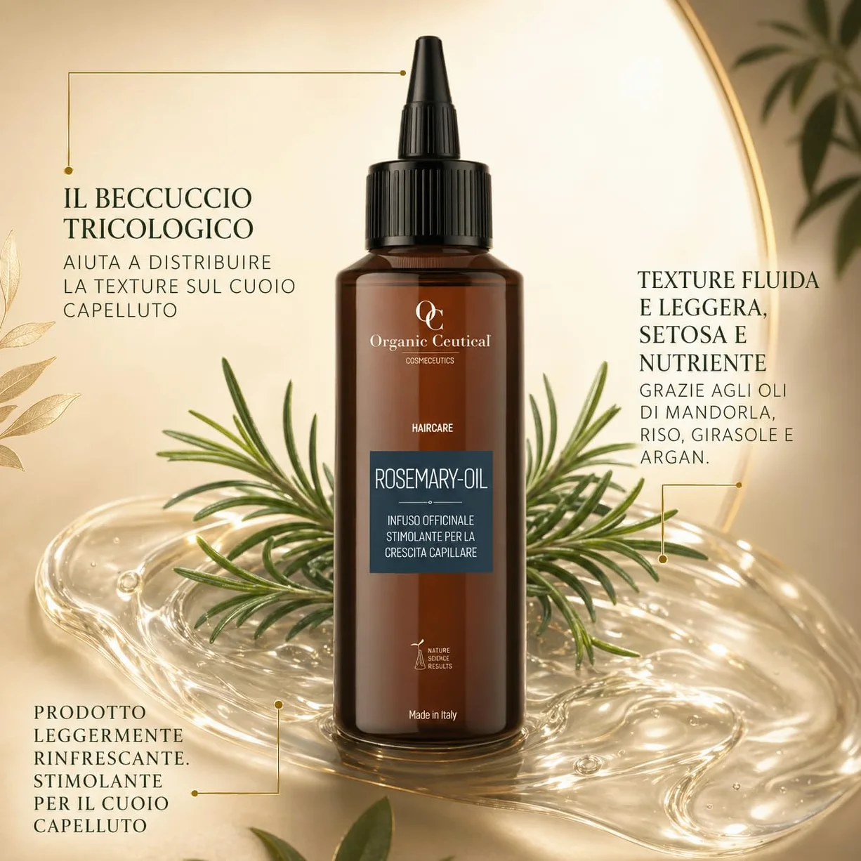 Organic Ceutical Olio Rosmarino Organico, 150 ml, Infuso Officinale Stimolante per la Crescita Capillare, Rosemary Oil Pre Shampoo, Trattamento Professionale, Rinforzante per Capelli Deboli e Sottili