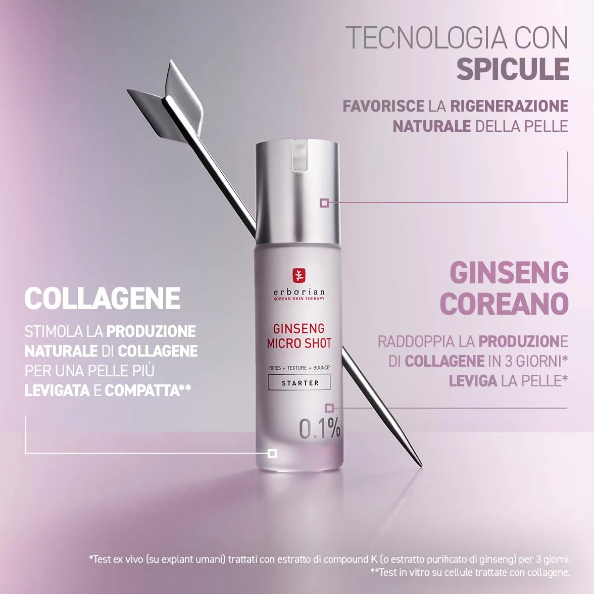 Erborian - Ginseng Micro Shot - Starter 0.1% - Siero Viso Retexturizzante ispirato al Micro-Needling - Con Ginseng e Collagene per Pori Affinati e Pelle Liscia - Cura Coreana - 10ml