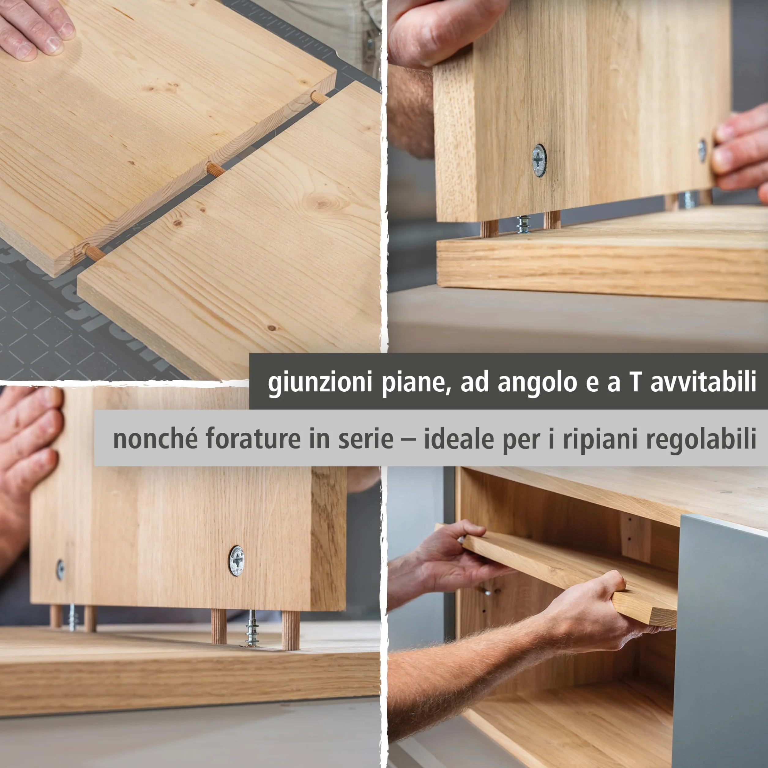 Wolfcraft Set Giunzioni Eccentriche per Mobili, Dima Foratura con Punte, Arresti Profondità, Tasselli Legno per Giunzioni Piane, Angolo e T