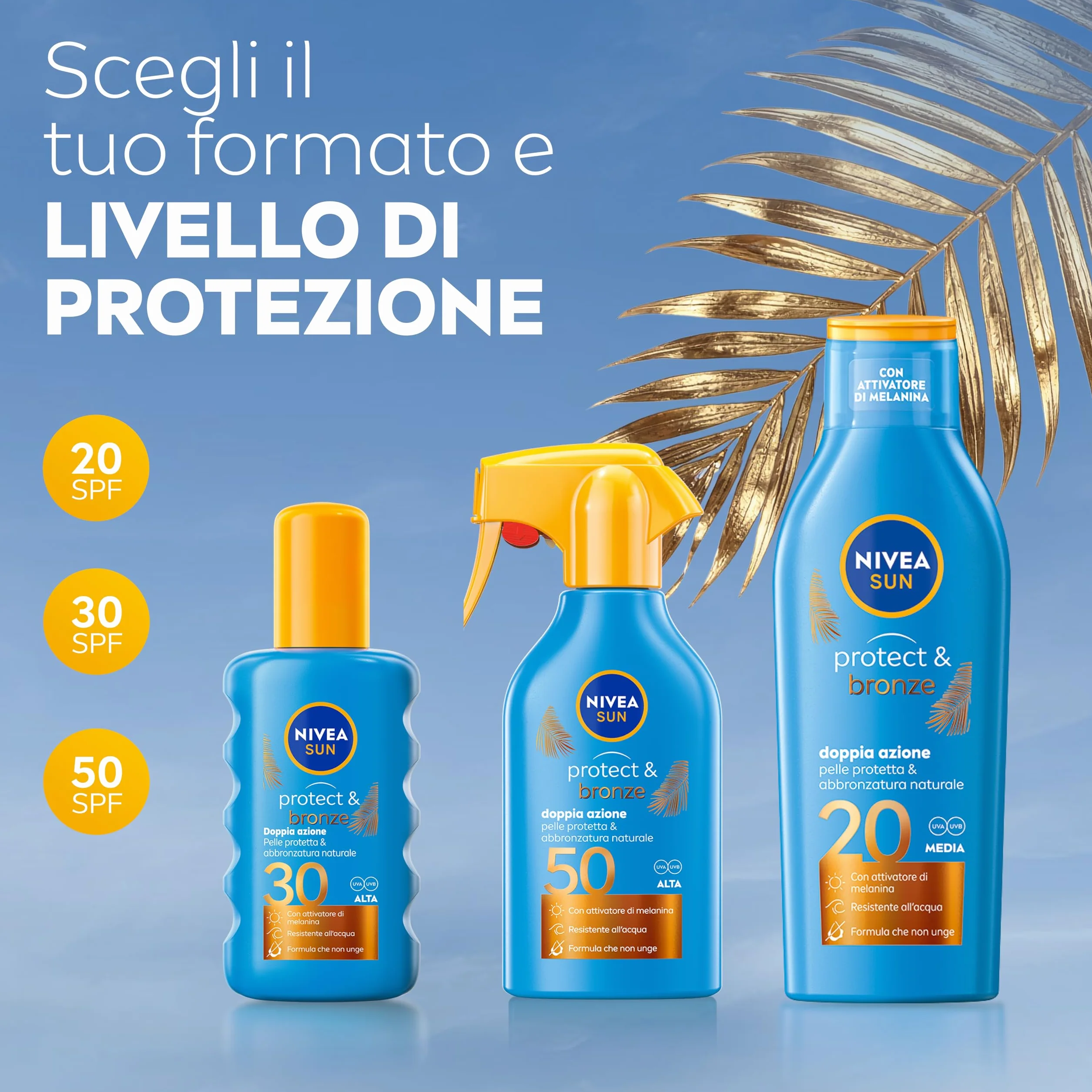 NIVEA SUN Spray Protect & Bronze SPF 50 250 ml, Crema solare 50 spray abbronzante corpo, Protezione solare 50 con attivatore di Melanina acceleratore abbronzatura, Resistente all'acqua, Non unge