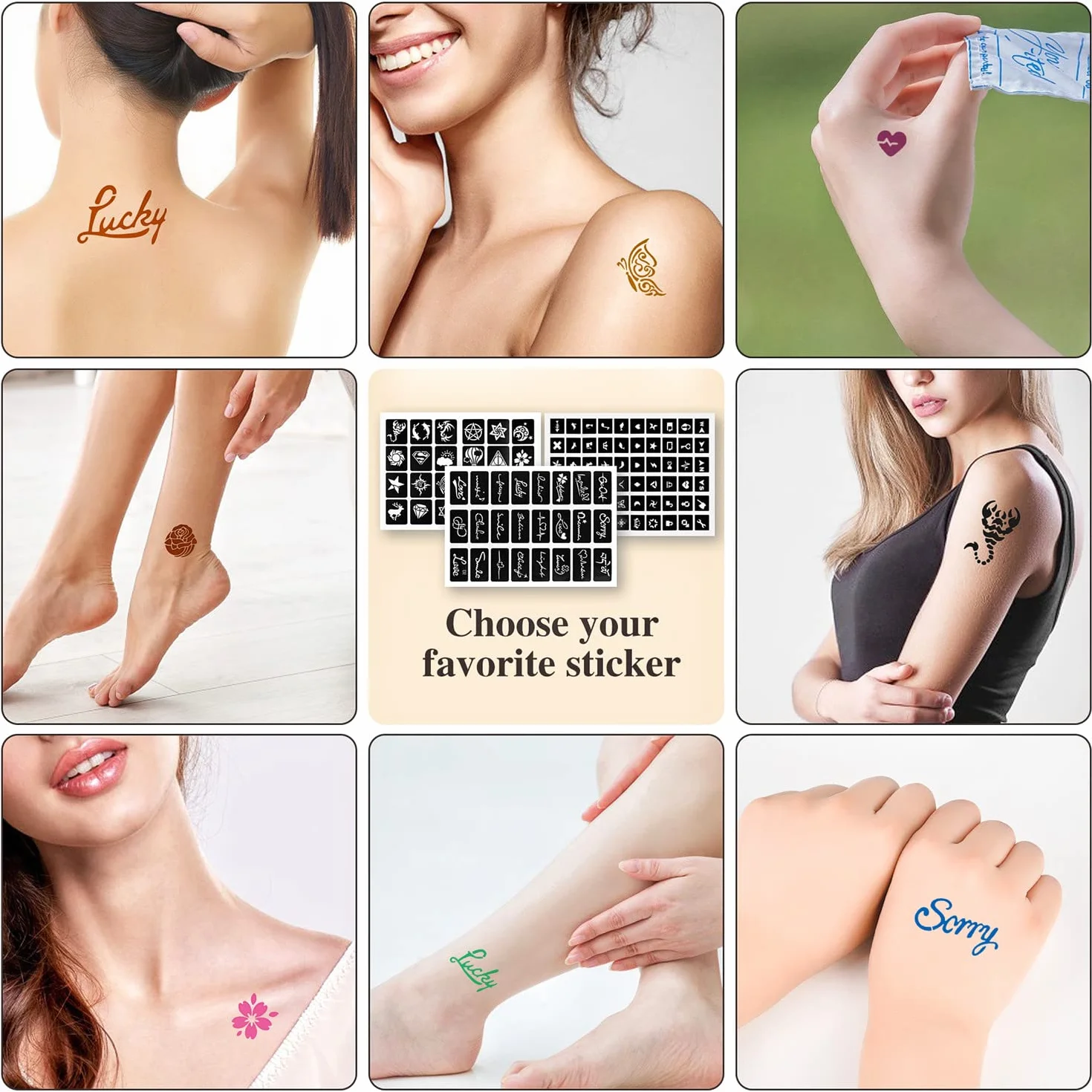 YUXUAN Kit per Tatuaggi Temporanei, 9 Colori Tatuaggi Temporanei Cono, 108 Pezzi Set di Modelli per Stencil, 1 Bottiglia Applicatore e 5 Ugelli di Plastica, Kit per Tatuaggi Halloween, Natale.