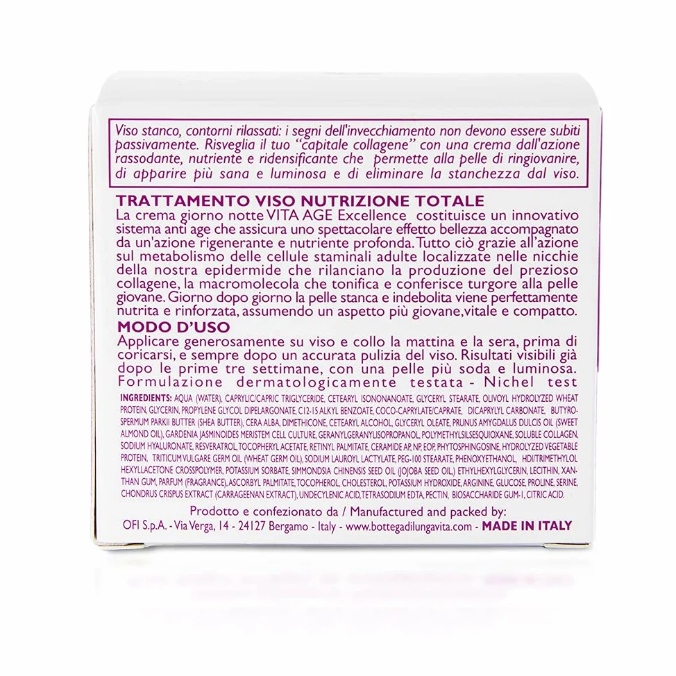 Bottega di LungaVita TRATTAMENTO VISO NUTRIZIONE TOTALE VITA-AGE EXCELLENCE - Crema viso giorno e notte dall’azione anti-age nutriente, ridensificante. Con Collagene, cellule staminali da gardenia e resveratrolo - Nutre e rinforza la barriera cutanea, dim