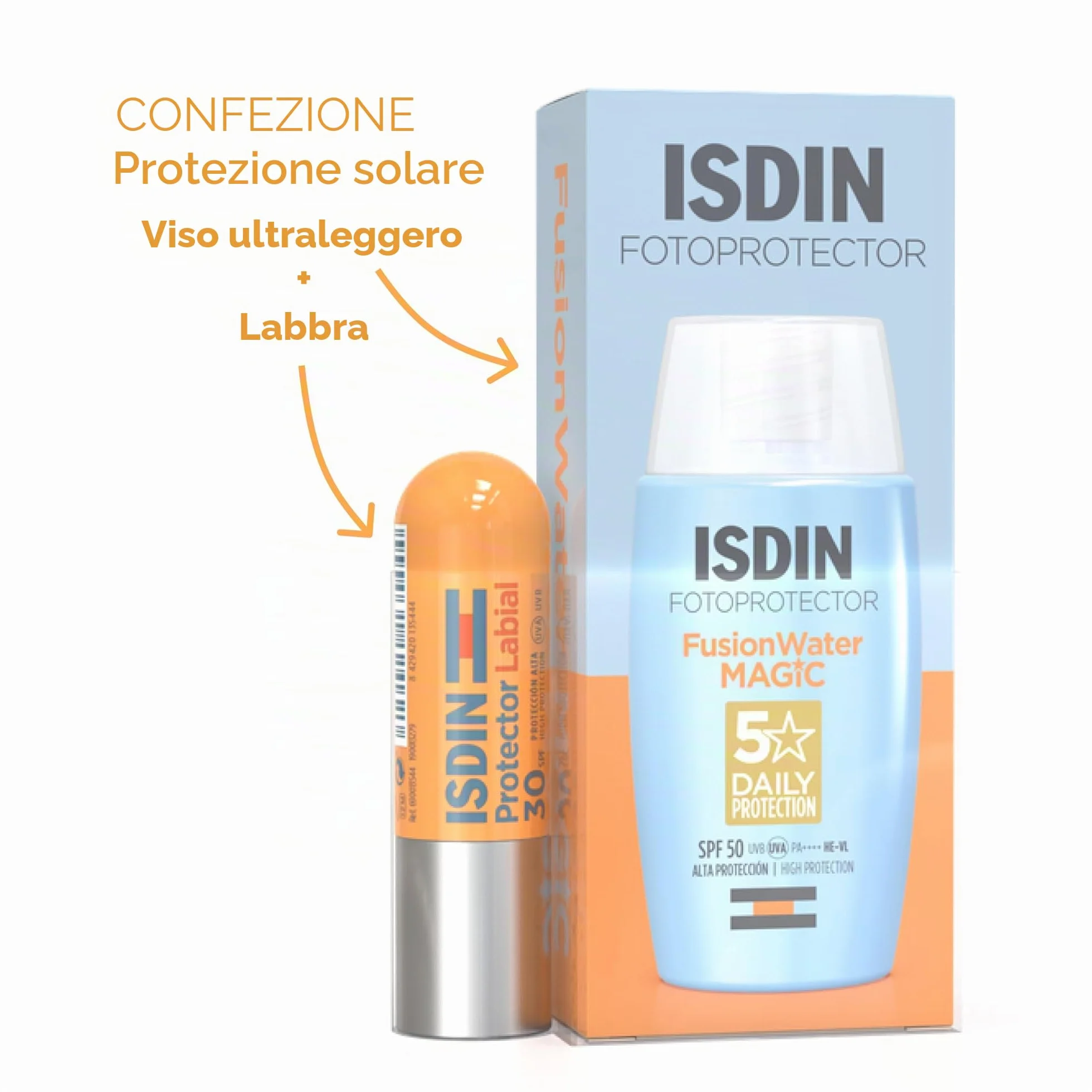 ISDIN Set Fusion Water MAGIC SPF 50 (50 ml) + balsamo per labbra SPF 30 (4 g), protezione solare ultra leggera per viso e labbra, a base d'acqua, non brucia negli occhi