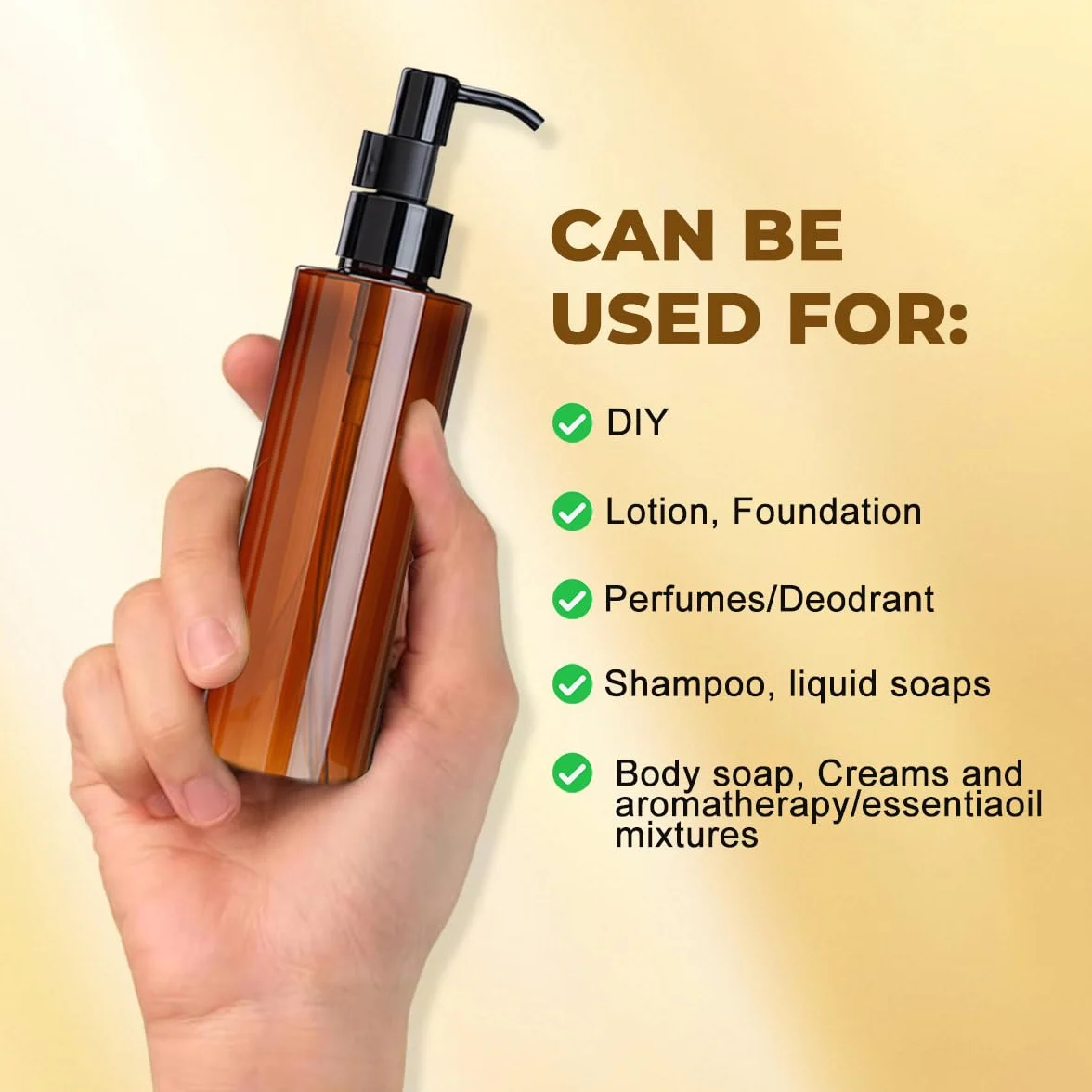 2 flaconi da 200 ml in plastica ambrata con pompa per lozioni con testa a pressione nera, vuoti, ricaricabili, contenitori per shampoo cosmetici, per olio di rimozione del trucco