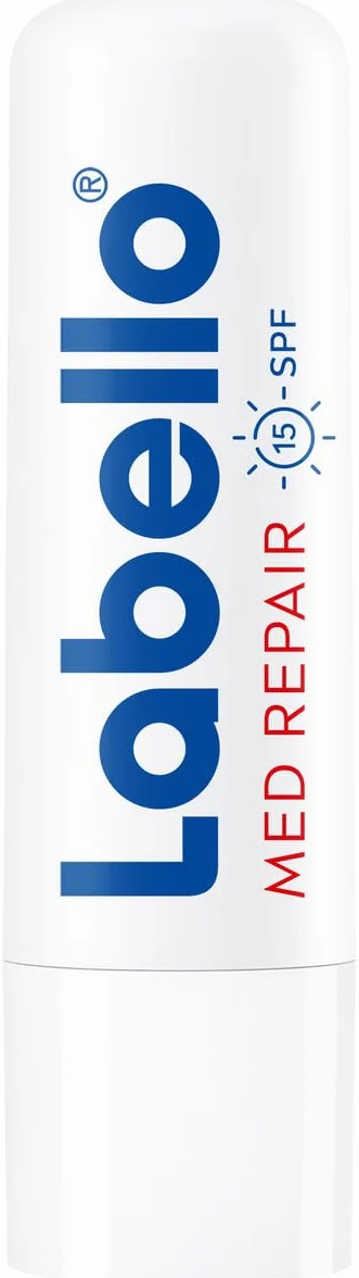 Labello Med Repair - Matita per la cura delle labbra, senza olio minerale, con SPF 15 e vitamina E, per labbra fragili, balsamo per labbra con burro di karitè e oli naturali (4,8 g)