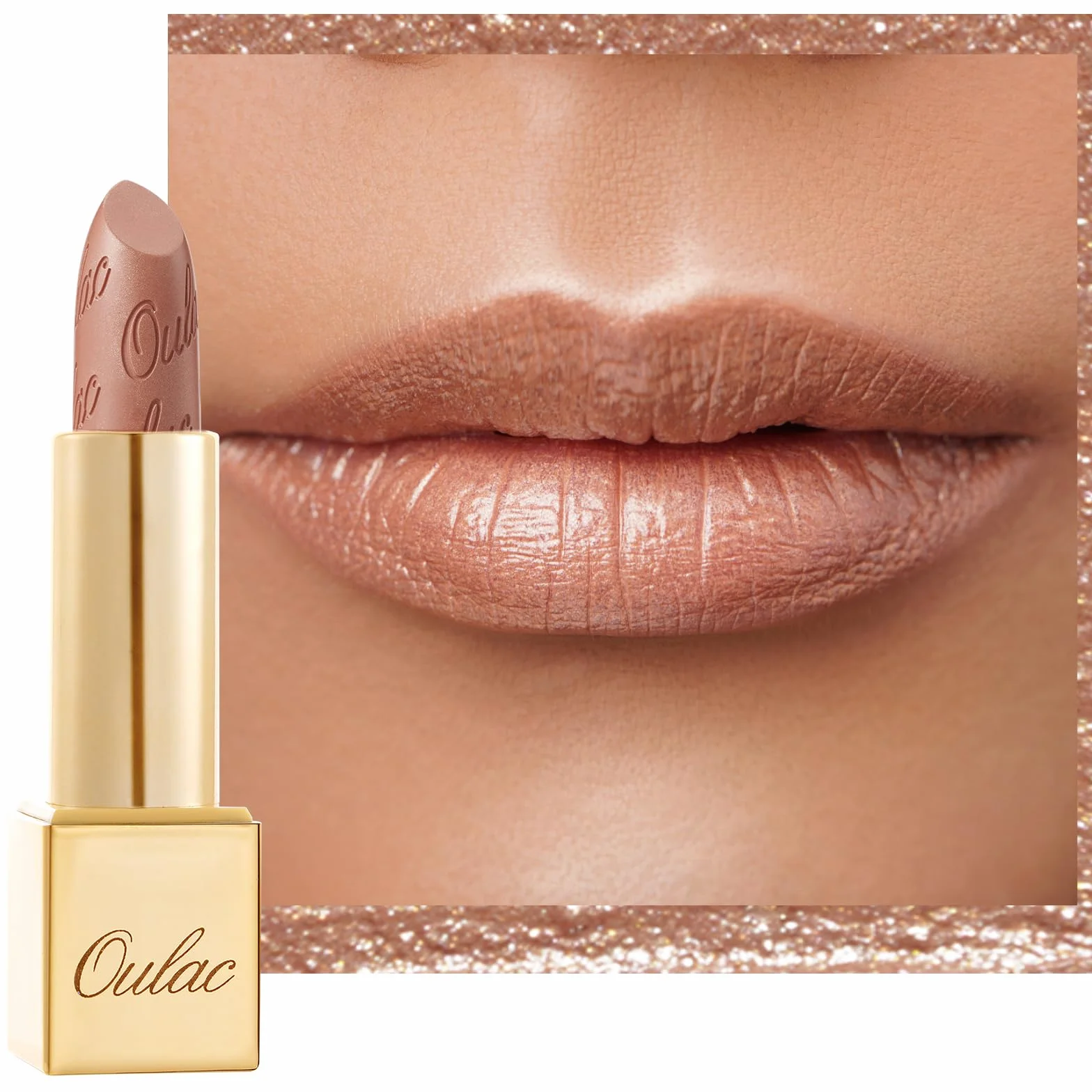 Oulac Rossetto Metallizzato Lucido Oro Nudo, Rossetti Glitter Senza Profumo, Perlato e Brillante, Colore Intenso Lunga Durata, Formula Idratante Nutre le Labbra, Vegan & Senza Glutine, 10 Sahara Gold