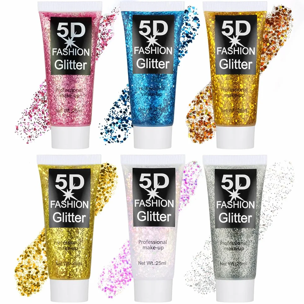 Glitter Corpo Gel, 6 Pezzi Gel Sequins Shimmer, Chunky Glitter Gel Glitter per Corpo, Viso, Capelli, Unghie, Chunky Glitter Decorazione per Musica, Festival, in Maschera(B）