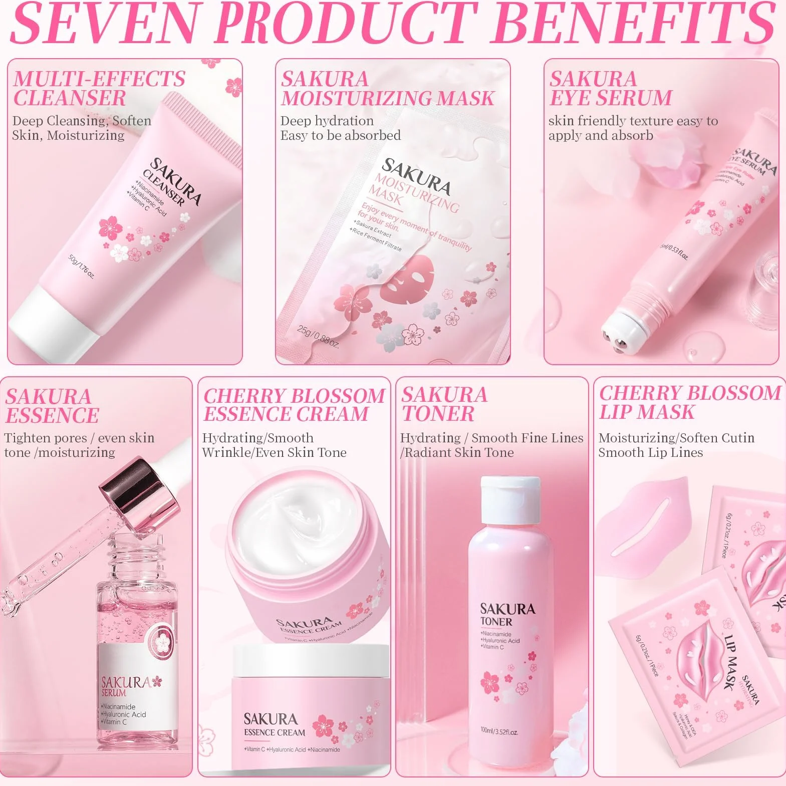 Kit per la Cura della Pelle Sakura 12 Pezzi,include Detergente, Tonico, Crema Viso, Maschera, Siero e Crema per Gli Occhi,Accessori,Set Skincare Viso Completo per Ragazze e Donne