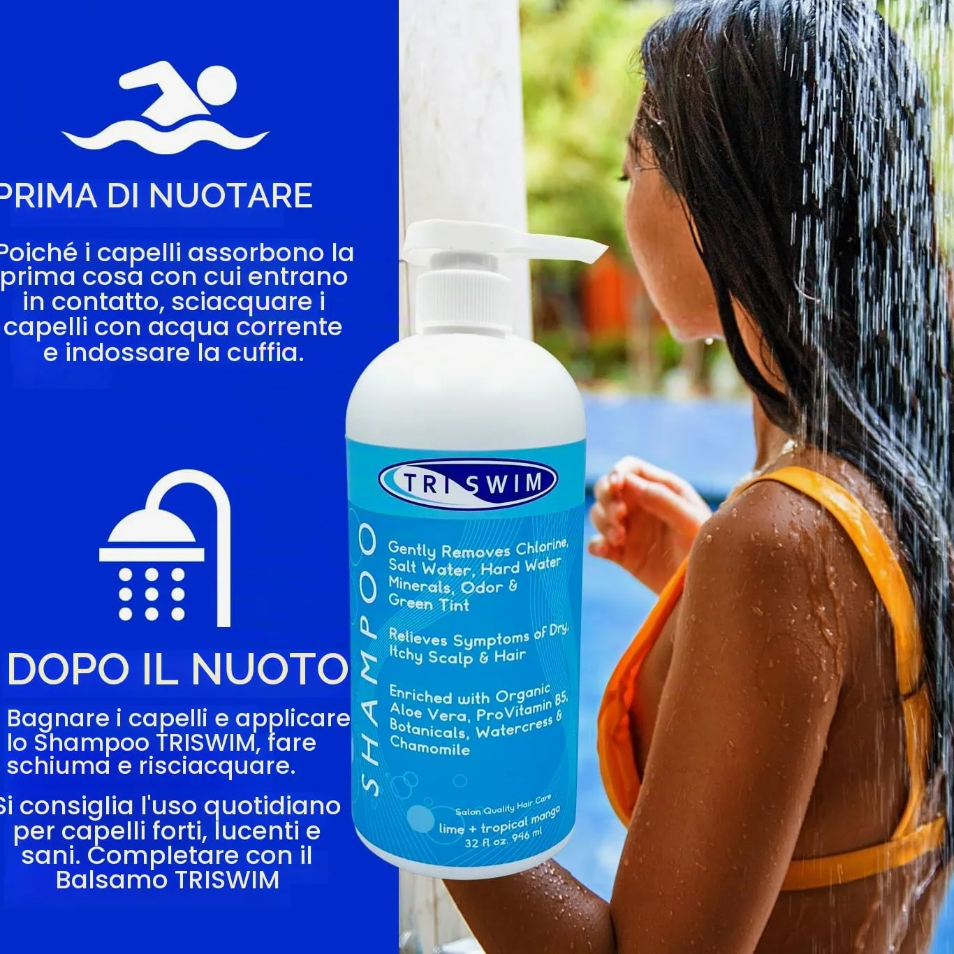 TRISWIM- Shampoo Idratante Per la Rimozione Cloro, Professionale Capelli Idratante Anti Cloro Per Nuotatori, Uomo e Donne Per il Nuoto, Capelli Rimuove la Tinta Verde - 946ml