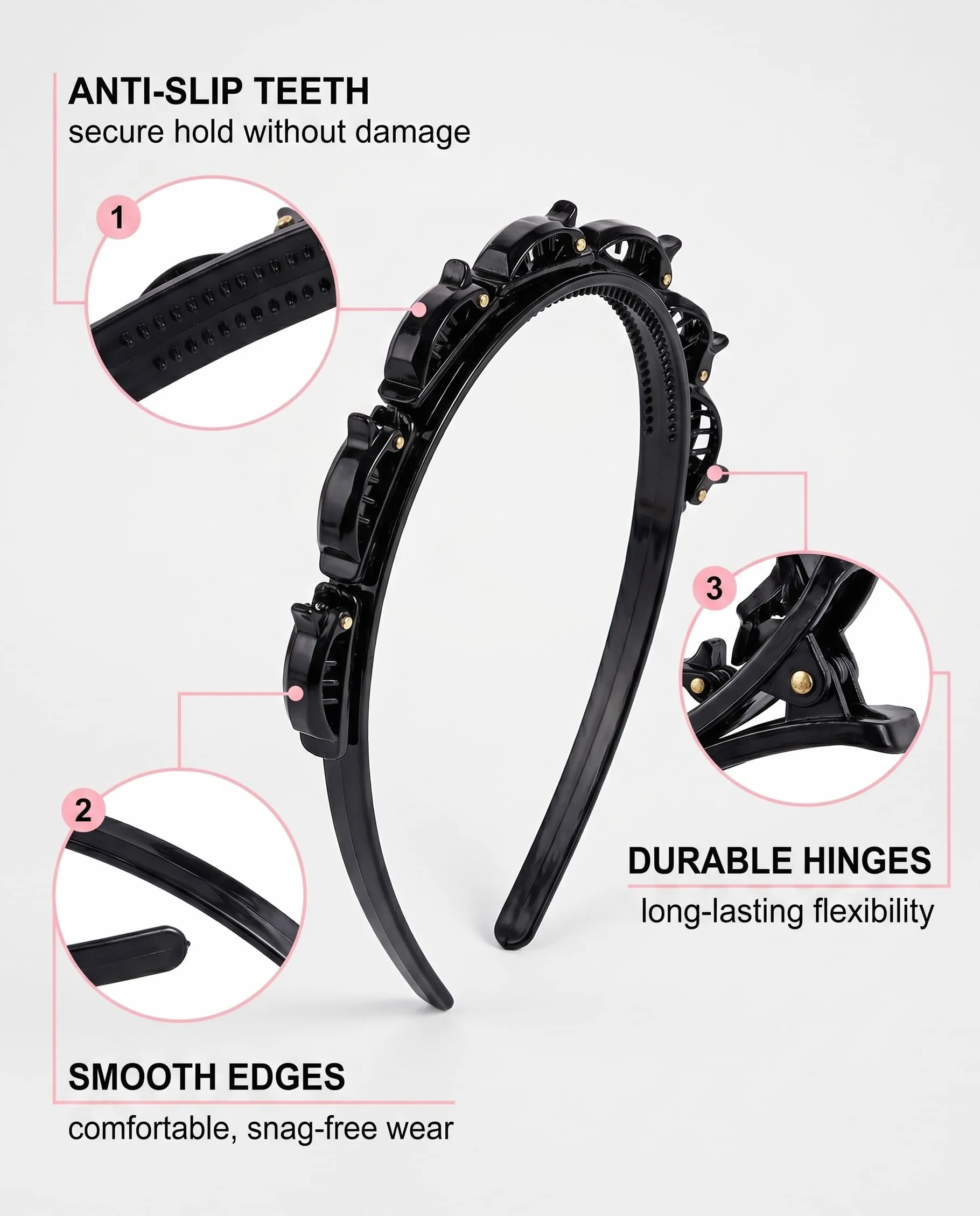 Set 4pz Cerchietto con Clip Doppia Strato & Elastici per Capelli. Fermagli Antiscivolo per Frangia, Aiuto Trecce, Stili Donna.