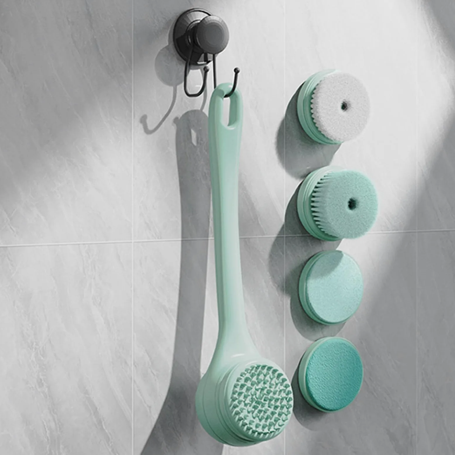 Scrubber per la schiena per doccia, spazzola da bagno con doppio manico | Spazzole per il bagno e il corpo impermeabili - Scrubber elettrico per la schiena con 5 testine per massaggio del viso e de