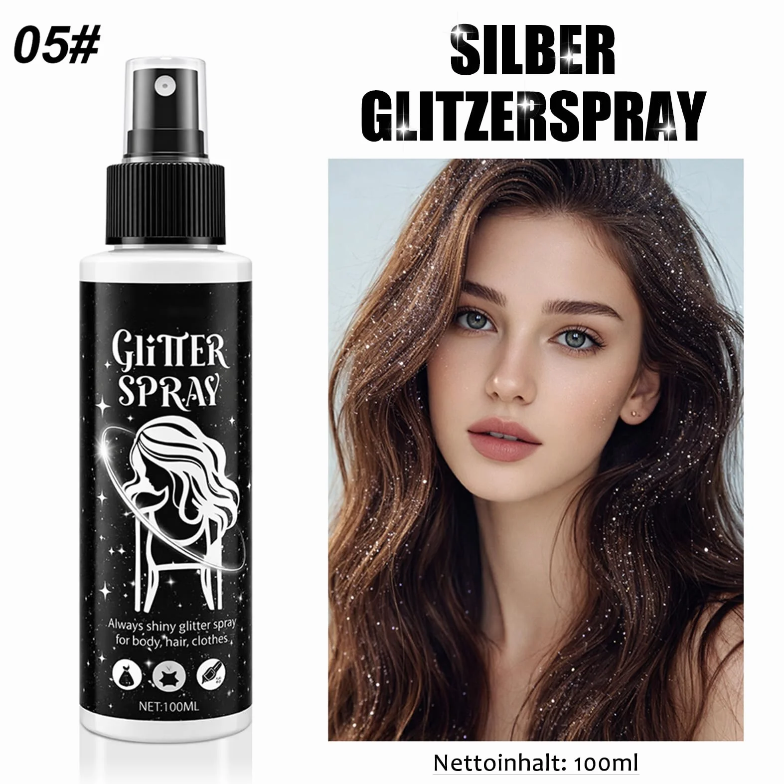 Spray glitter argento, glitter spray per capelli e corpo, glitter per viso e vestiti, body glitter spray con nebbia ultra fine, accessori per festival ad asciugatura rapida per Halloween Carnevale