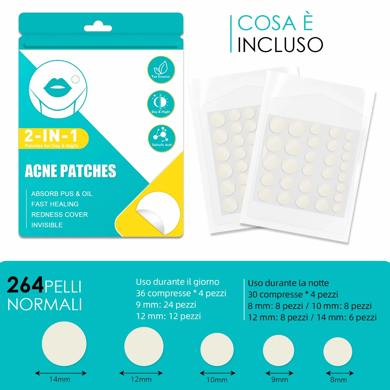 264pcs Cerotti Brufoli Pimple Patch Invisibili Per Acne Idrocolloide Naturale Con Olio Dell'Albero Del Tè E Acido Salicilico Giorno E Notte 2 In 1 Cerotto Impermeabile Patch Brufoli