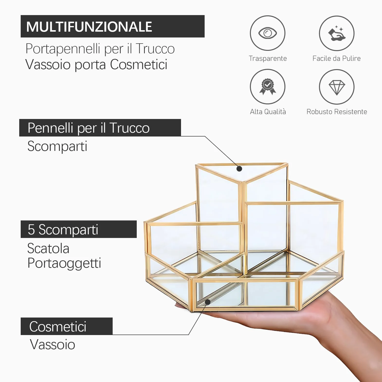Organizer Trucchi, Porta trucchi in oro, Vetro Porta Pennelli Make Up, 5 Scomparti Porta Trucchi Organizer da Bagno