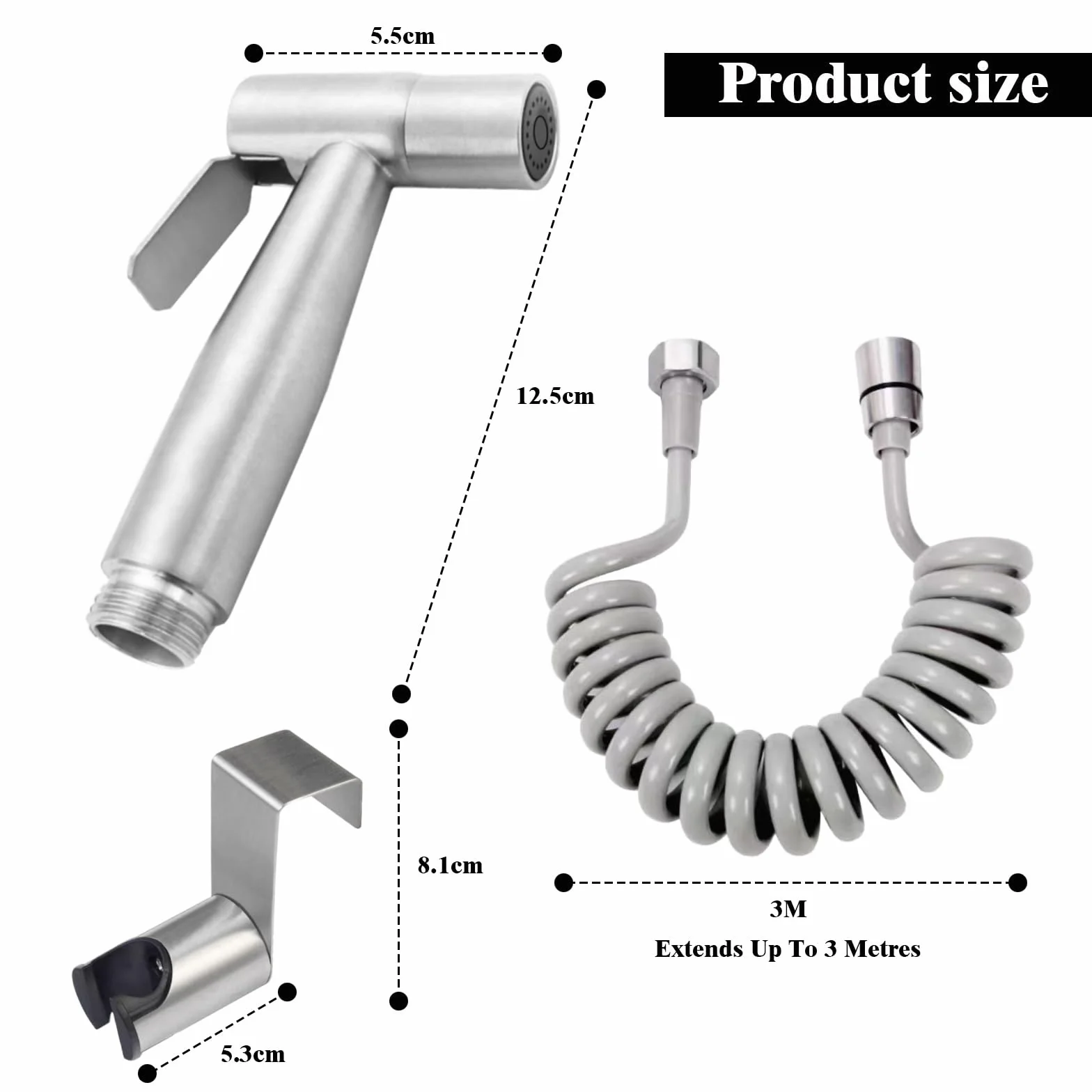 Doccetta per Bidet Kit, Doccino in Inossidabile, Spruzzatore WC con Tubo Flessibile 3M, Argento