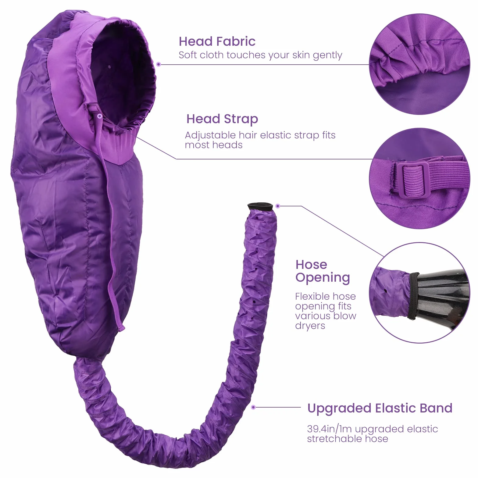 Segbeauty Caschi per Asciugatura, Cuffia Asciugacapelli, Casco Asciugacapelli da Casa Portatile e Professionale, con Elastico per Attacco Phon (Viola)