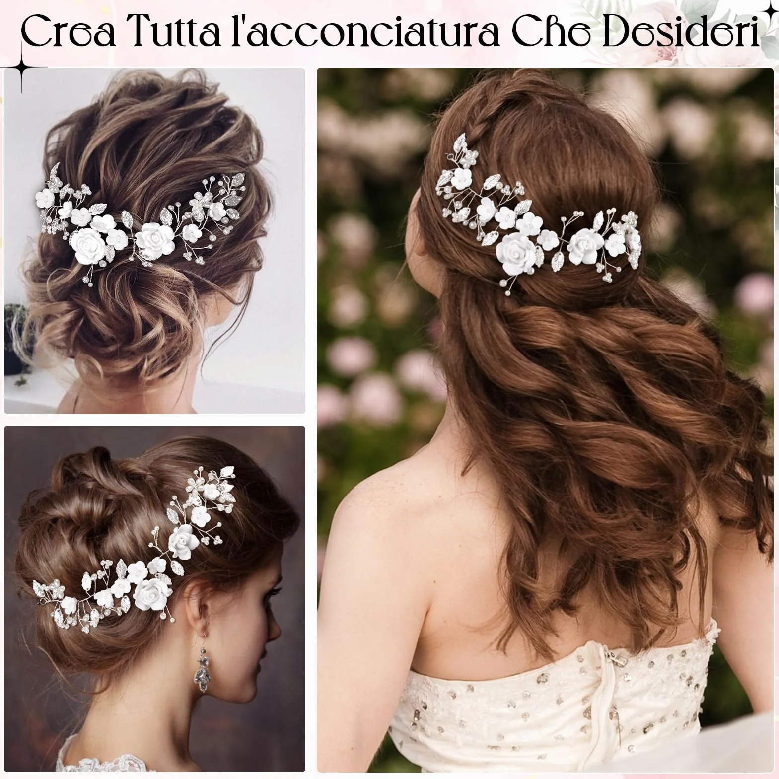 Kiiwah Fiore Sposa Matrimonio Capelli Vite Cristallo Fasce per Capelli Accessori Capelli Sposa Argento, Forcine a Forma Perlé a Forma Di U per Donne e Ragazze