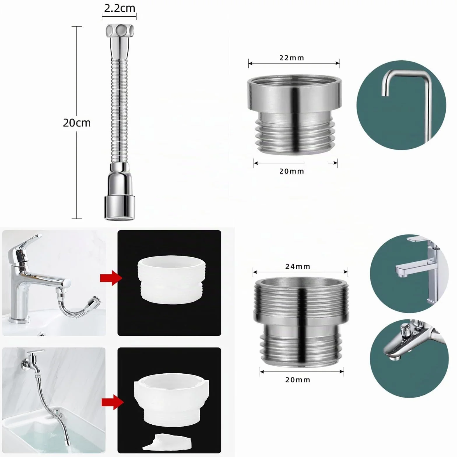 Prolunga Rubinetto Cucina 20cm Acciaio Inox Estensione 360° Girevole 2 Adattatori