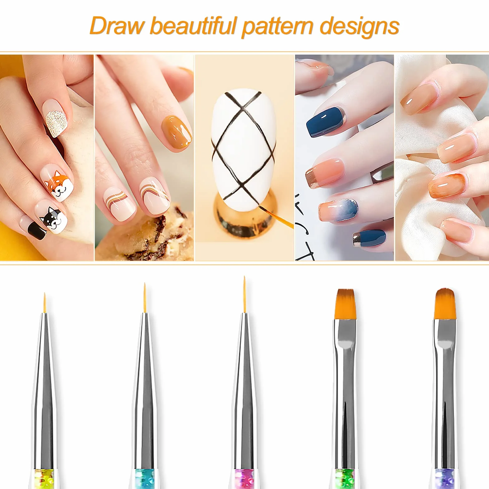 Sularpek Pennelli Unghie Gel, 8 Pezzi Penelli Unghie Professionali Set, Penne per Nail Art Attrezzi a Doppia Punta, con Manico con Strass e Setole in Nylon