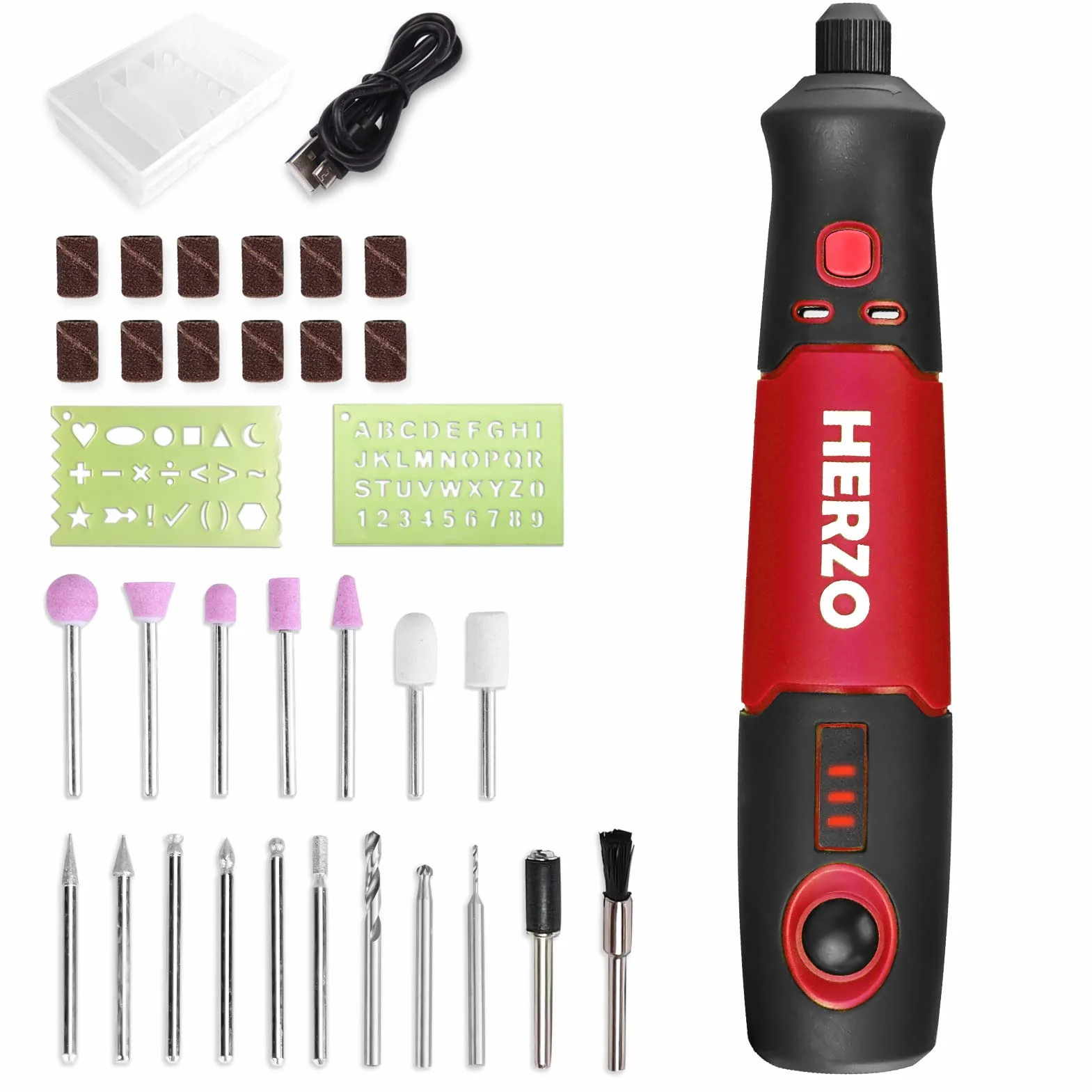 HERZO Strumento Multifunzione Senza Fili, mini trapano elettrico rotativo USB Ricaricabile 32 Accessori 3 Velocità Variabile 5000-15000RPM