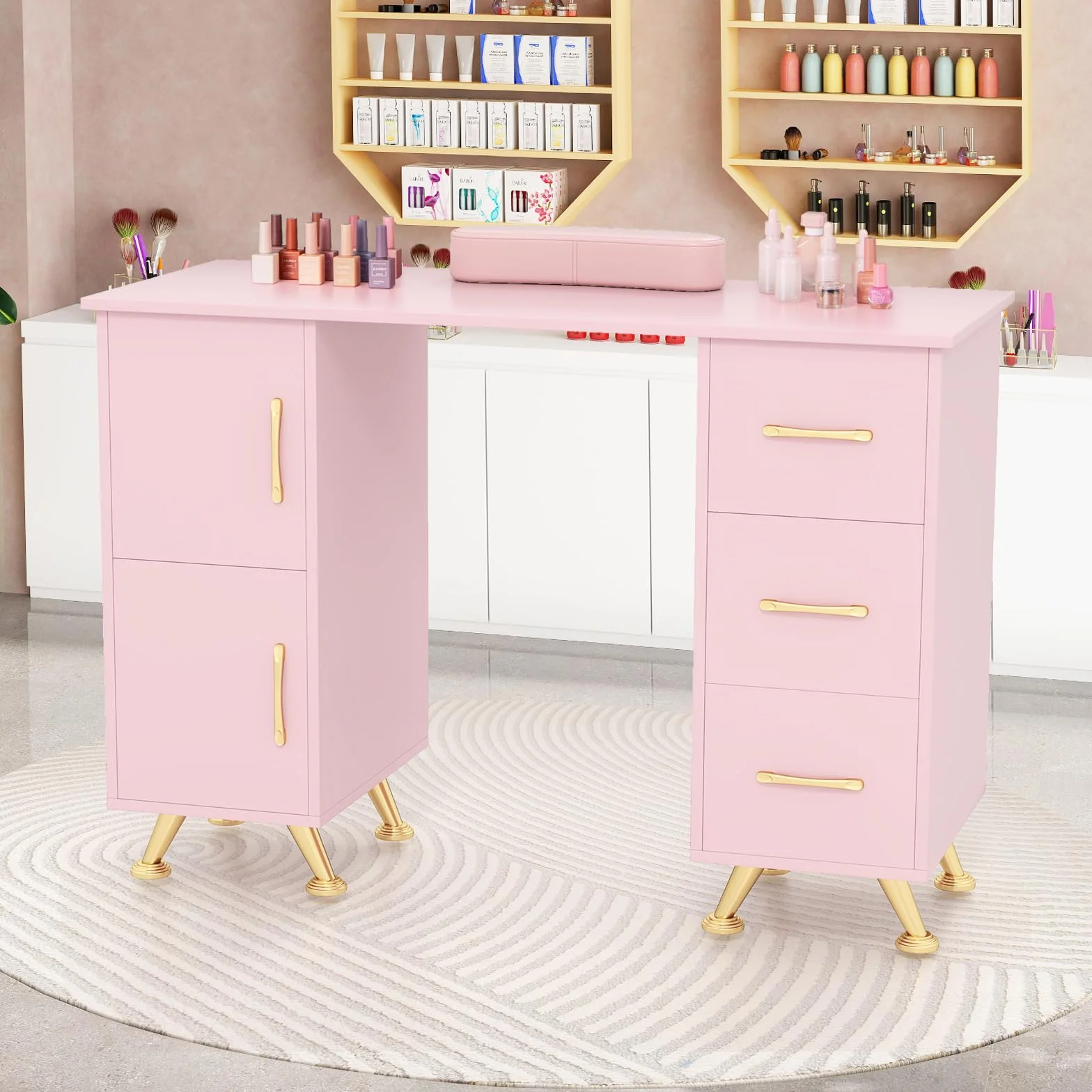 GYMAX Tavolo da Manicure, Stazione Tavolo per Tecnico Unghie, Cuscino per Polso, 8 Gambe in Metallo, 3 Cassetti e 2 Armadi, Stazione di Lavoro in Legno per Arte Unghie per Salone di Bellezza (Rosa)