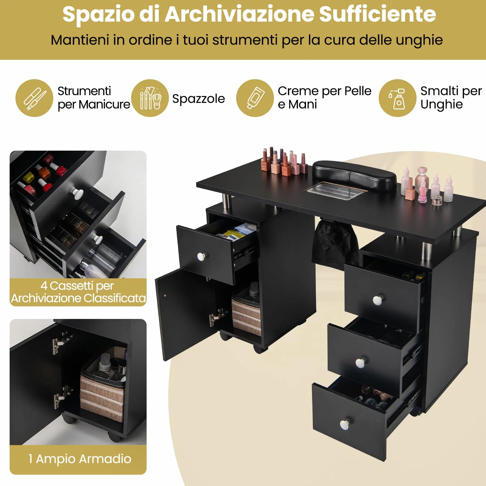 COSTWAY Tavolo Manicure con Aspirapolvere, Tavolo Unghie con Cassetti, Spina, 3 Sacchetti, Armadietto, Cuscino Poggia Polso e 8 Ruote blocabili, Banco Ricostruzione Unghie in Legno (Nero)