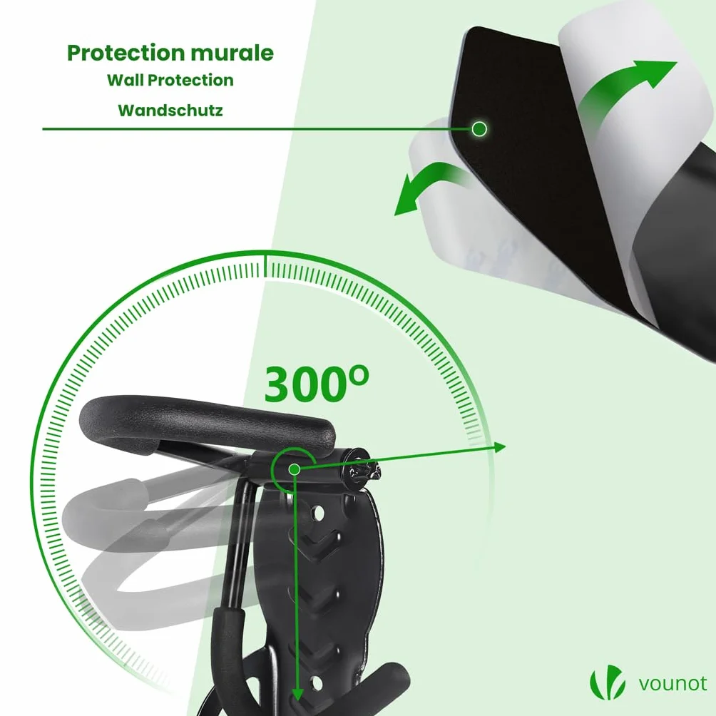 VOUNOT® 4 Pezzi Supporto per Biciclette da Parete Pieghevole, Portabici da Muro Salvaspazio con Cuscinetti, Gancio Appendere Verticale per Garage Cantina Shed, Nero