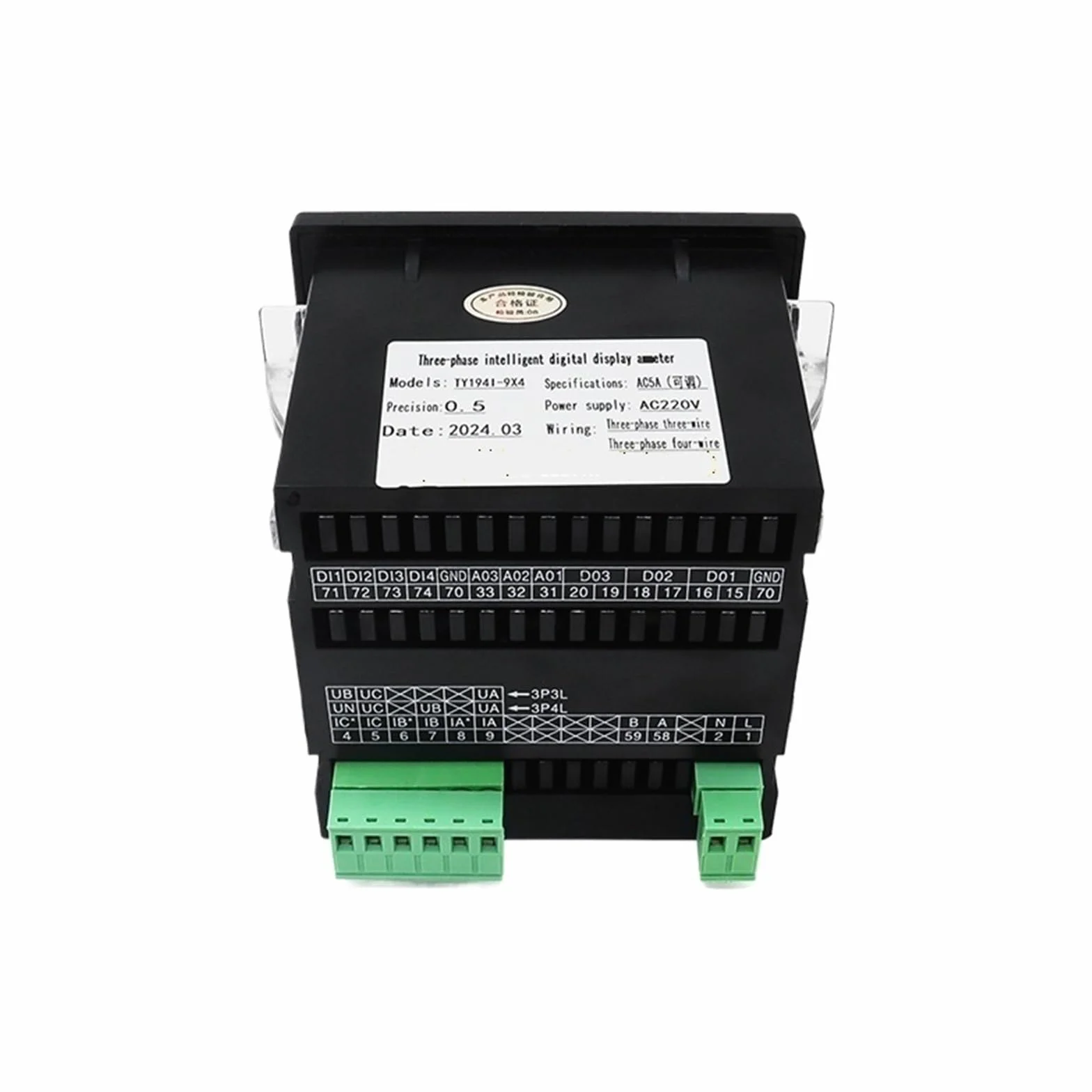 Amperometro LED trifase 96 x 96 mm display digitale con trasformatore di corrente